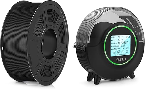 SUNLU Filamento para impresora 3D de ácido poliláctico (PLA) mate de 0.079 pulgadas, negro y caja secadora de filamento SUNLU, S2 para filamento de