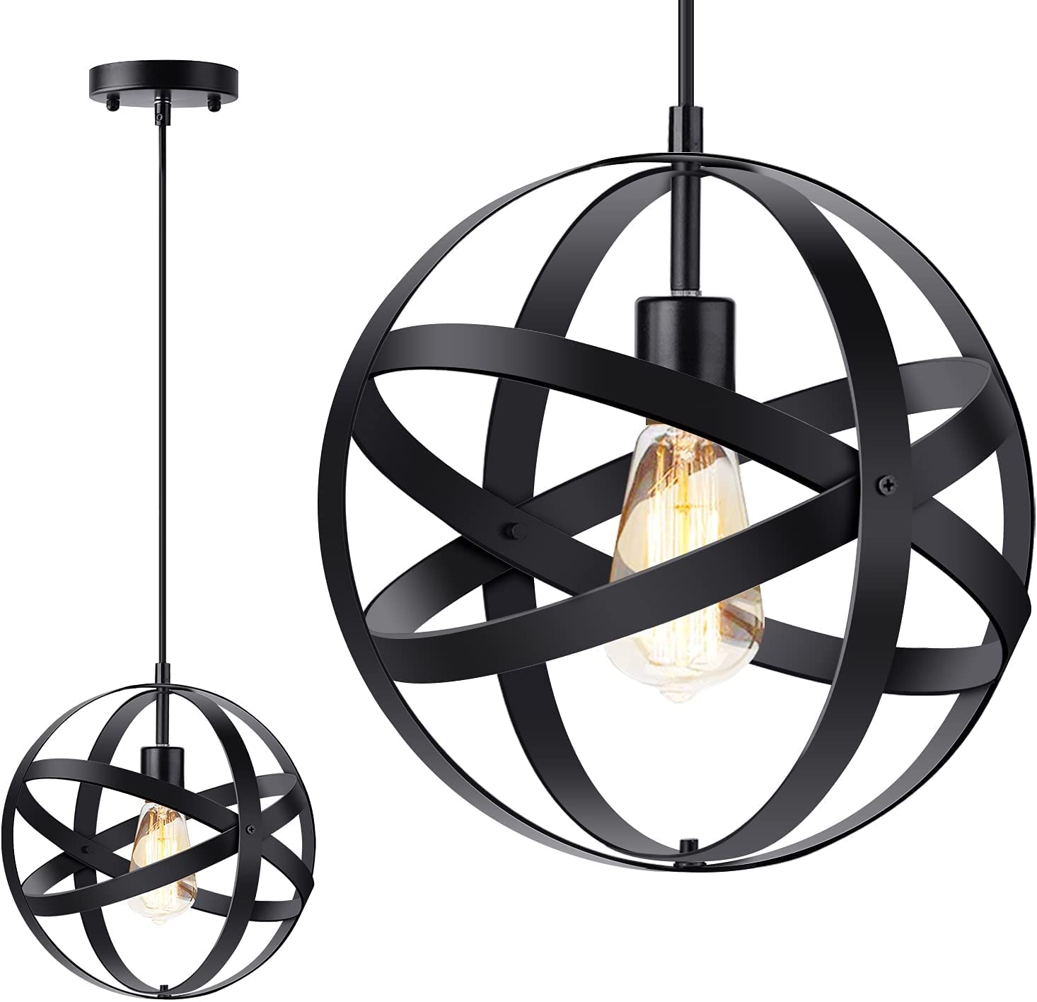 Industrial Pendant Light, Black Metal Globe, E27 Vintage Chandelier