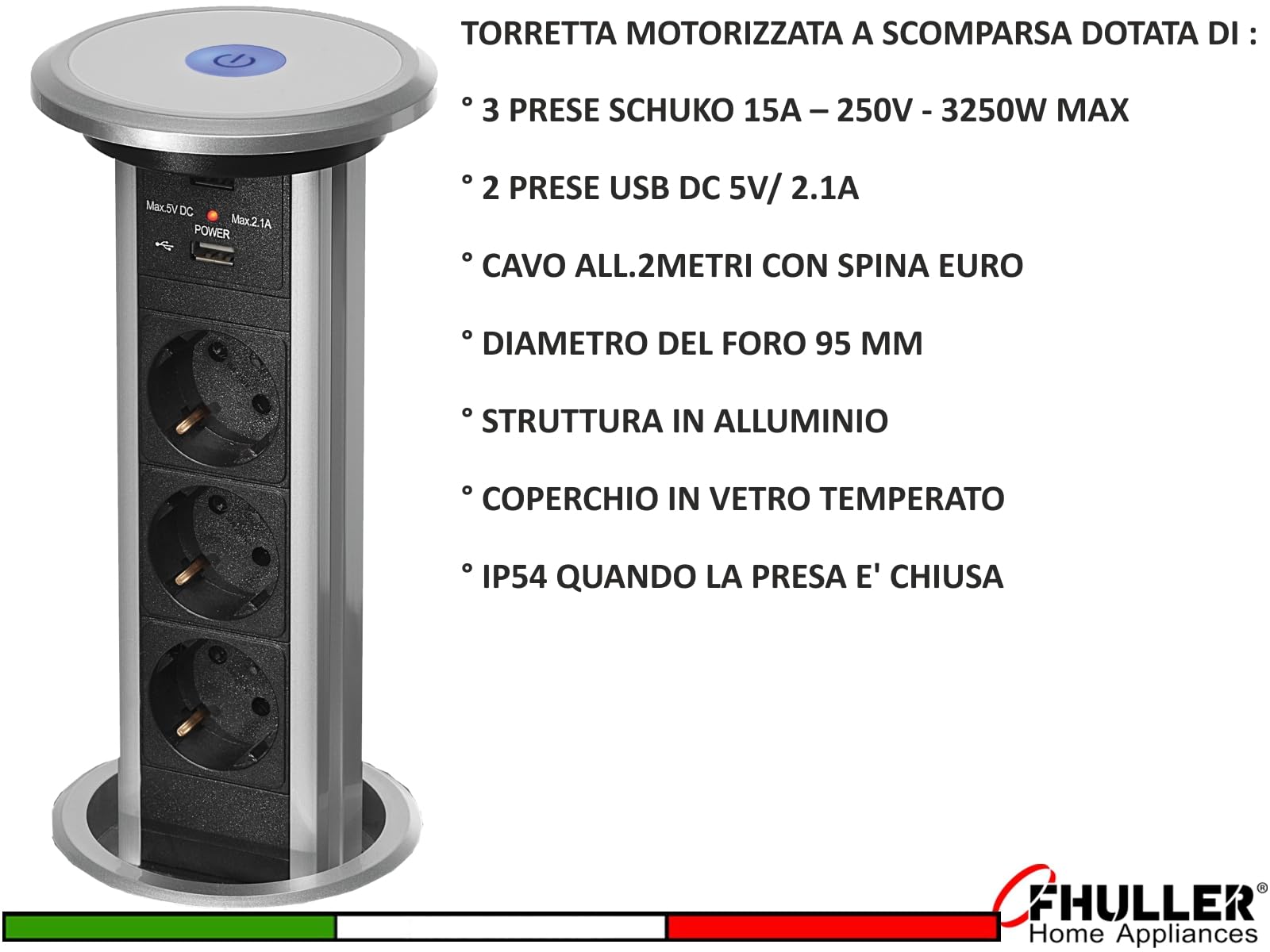Torretta Presa Elettrica a Scomparsa Automatica – Ciabatta in Alluminio e Plexiglas con 3 Slot, 2 Porte USB, Cavo da 2 Metri – Design Moderno per Cucine e Uffici (Grigia)
