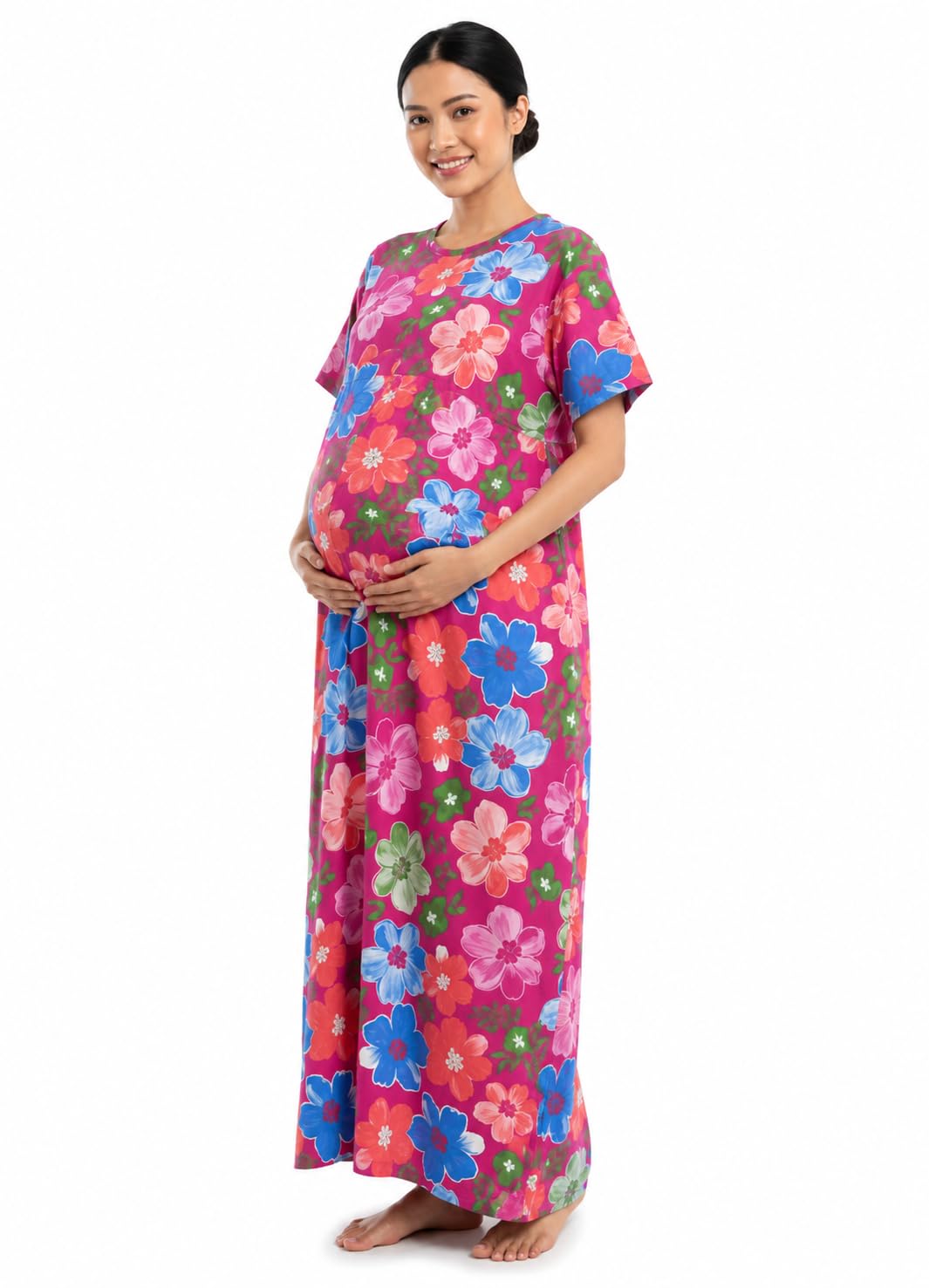 Women’s Pink Multicolor Floral Print Full-Length Maternity & Night Dress-image-1