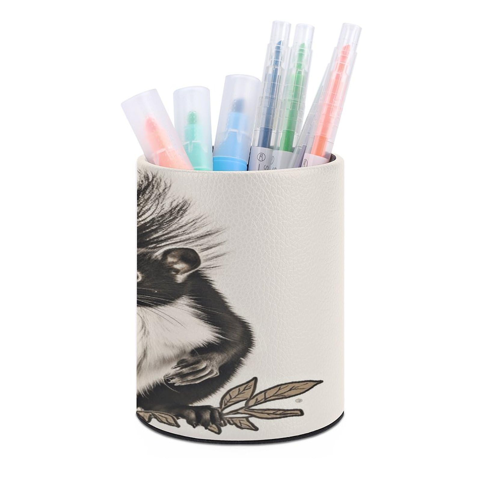 VstaDank Skunk Pen Holder PU Leather Pencil Cup Minimalist Desk Pencil Holder Round Make Up Brush Organizers For Office Dorm Room&Vanity Desk Accessories