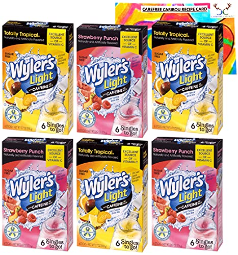 Singles to Go Caffeinated Drink Mix Bundle With 2 Wyler's Light Singles To Go Flavors & Carefree Caribou Gummy Bears Recipe Card. Includes 3 Boxes Each of Totally Tropical & Strawberry Punch Flavors!