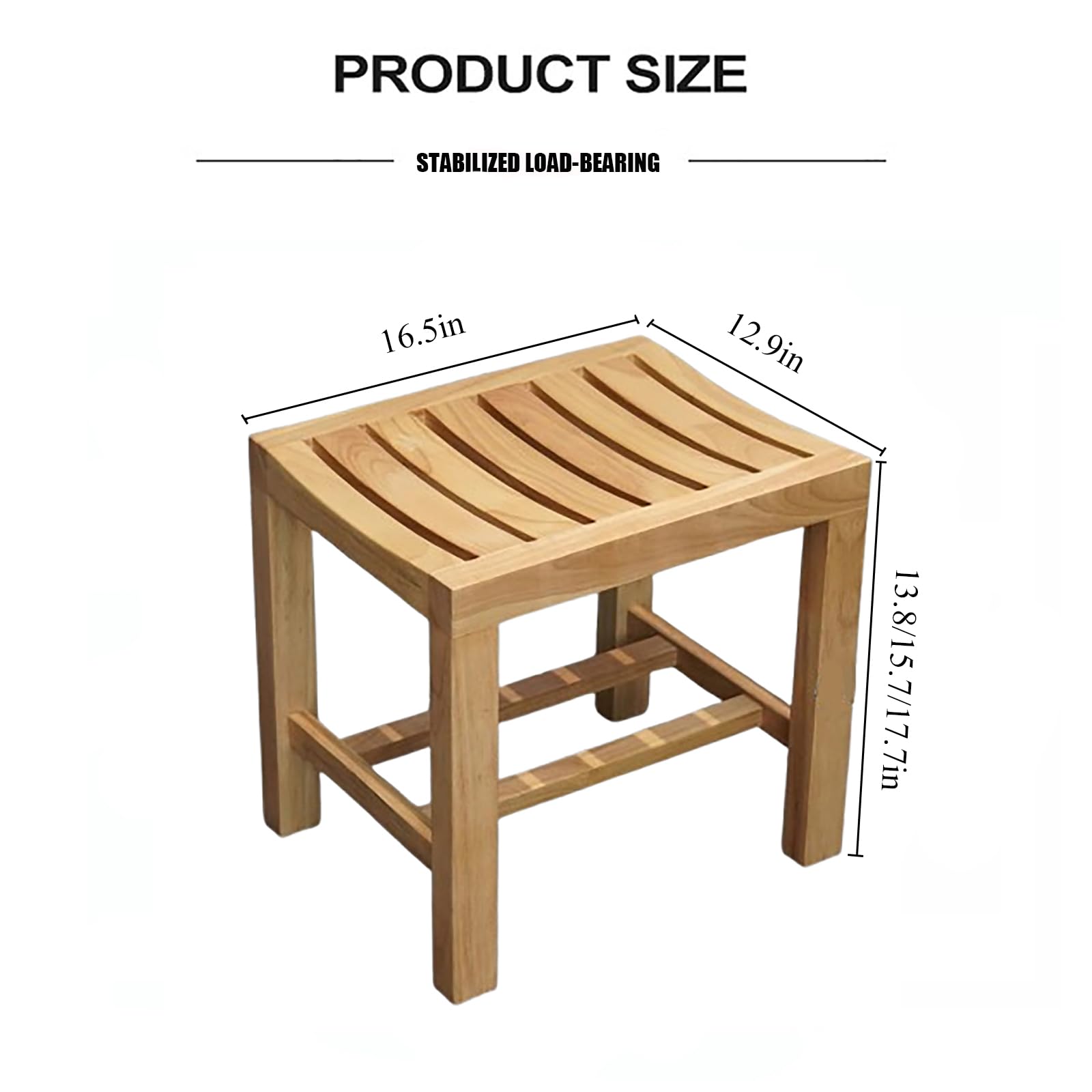 Taburete de ducha de madera maciza, silla de patio sin respaldo con estante para uso en interiores y exteriores, muebles de jardín (16.5 x 12.9 x 13.8 pulgadas, beige)