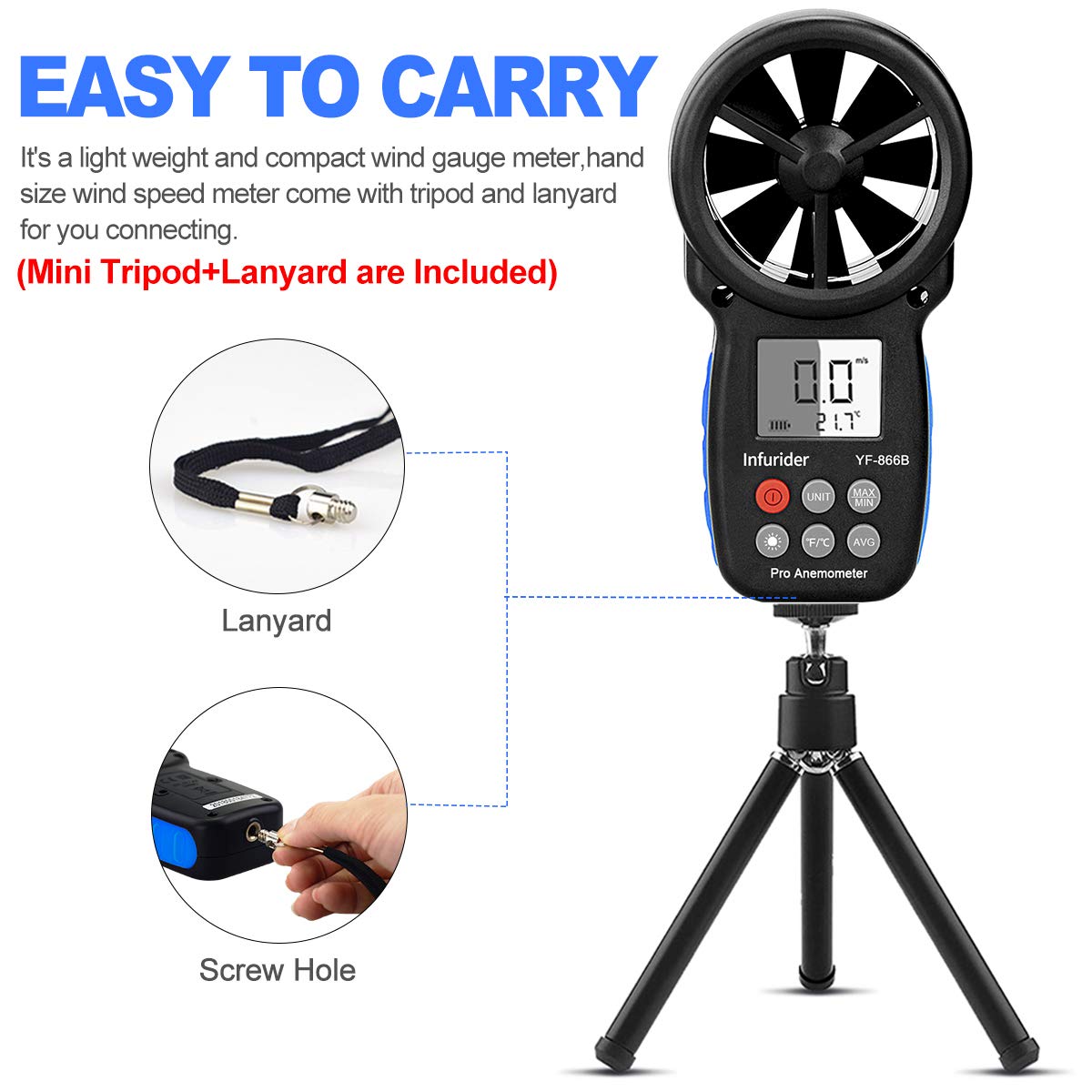 Handheld Windsnelheidsmeter Digitale Anemometer voor Het Meten van Windsnelheid en Temperatuur, Max/Gemiddeld