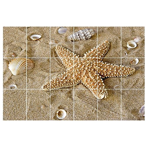 GRAZDesign Fliesenaufkleber Bad 15x20cm - 18 Stück | Sand mit Seestern wasserfeste & selbstklebende Klebefliesen | Fliesenfolie Fliesenbild 90x60cm