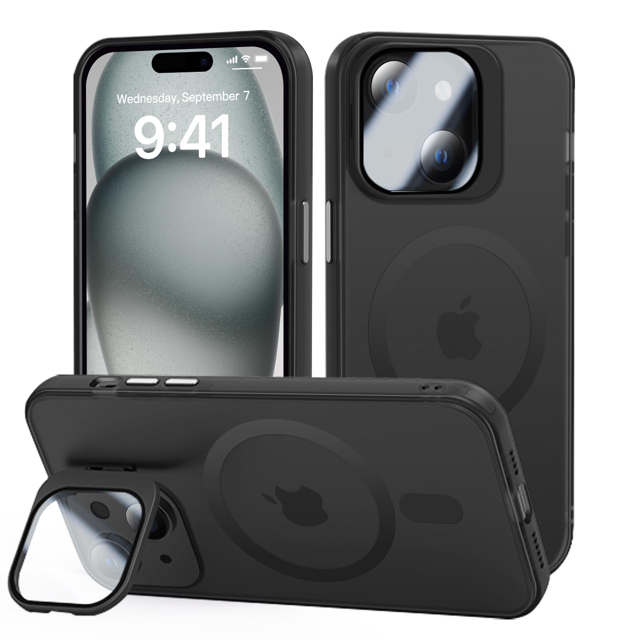 tigratigro Cover con Cavalletto,Compatibile con iPhone 15,Protezione Fotocamera H9 vetro temperato,Custodia Posteriore Glassata Traslucida, Anti-Impronte,Sensazione di Velluto (Grafite Nero)