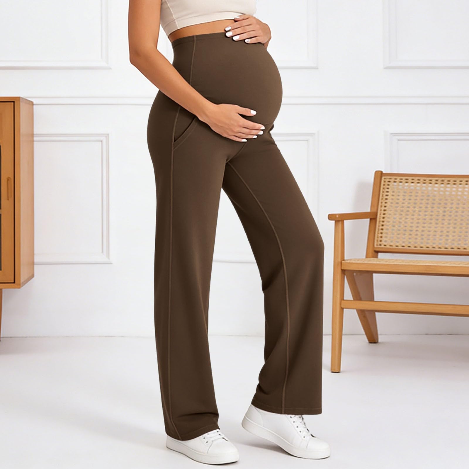 Genérico Pantalones de embarazo de cintura alta para mujer leggings de maternidad extensible exterior pantalones de huso mujer embarazada corte recto