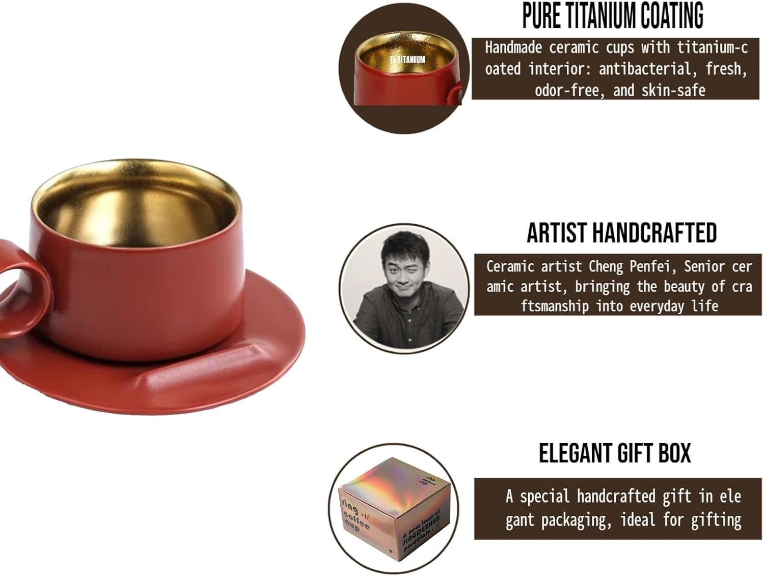 Designer’s Original Handmade Ceramic Coffee Mugs with Saucer，Food-Grade Titanium, Unique Ring Coffee cup for Office and Home, Birthday, Valentine's Gifts for Men and Women (Misty blue)