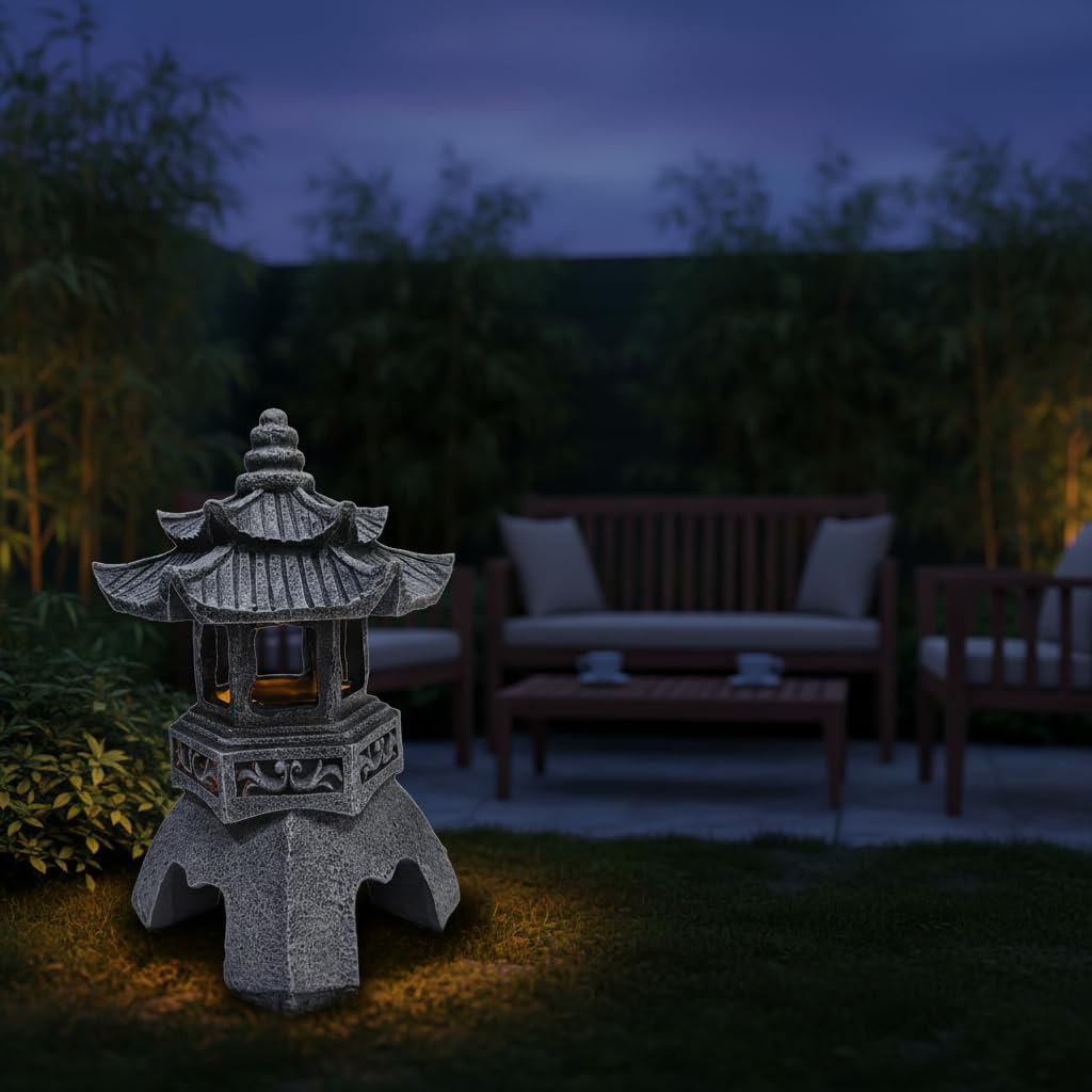 Solar Pagoda Lantern Garden Statue: Japanese Zen Lantern Garden Decor-LED Figurine Lamp Pagoda Statue Figurine for Home Table Outdoor Decor