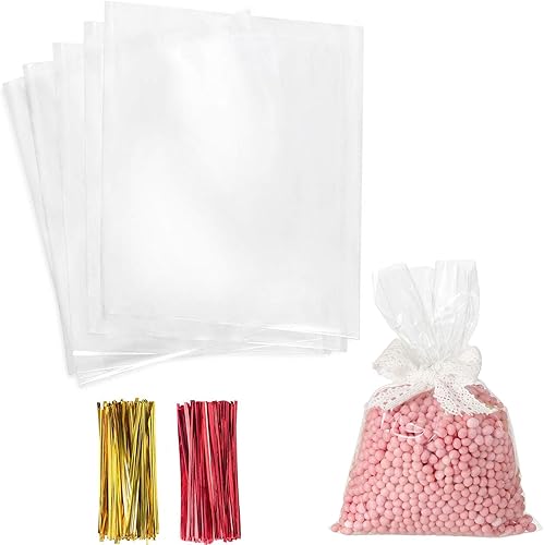 Morepack Bolsas de celofán para golosinas, 200 bolsas de regalo transparentes con lazos giratorios, bolsas de recuerdo de fiesta (7 x 7 pulgadas)