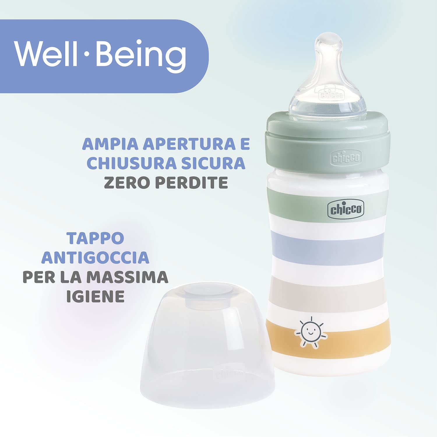 Chicco Biberon Flusso Lento,Tettarella Physio Morbido Silicone,Finitura Soft Sense,Anticolica,Riduce Rigurgito e Irritabilità,Bottiglia Plastica 150 ml, 0 Mesi+,Bambino,Azzurro