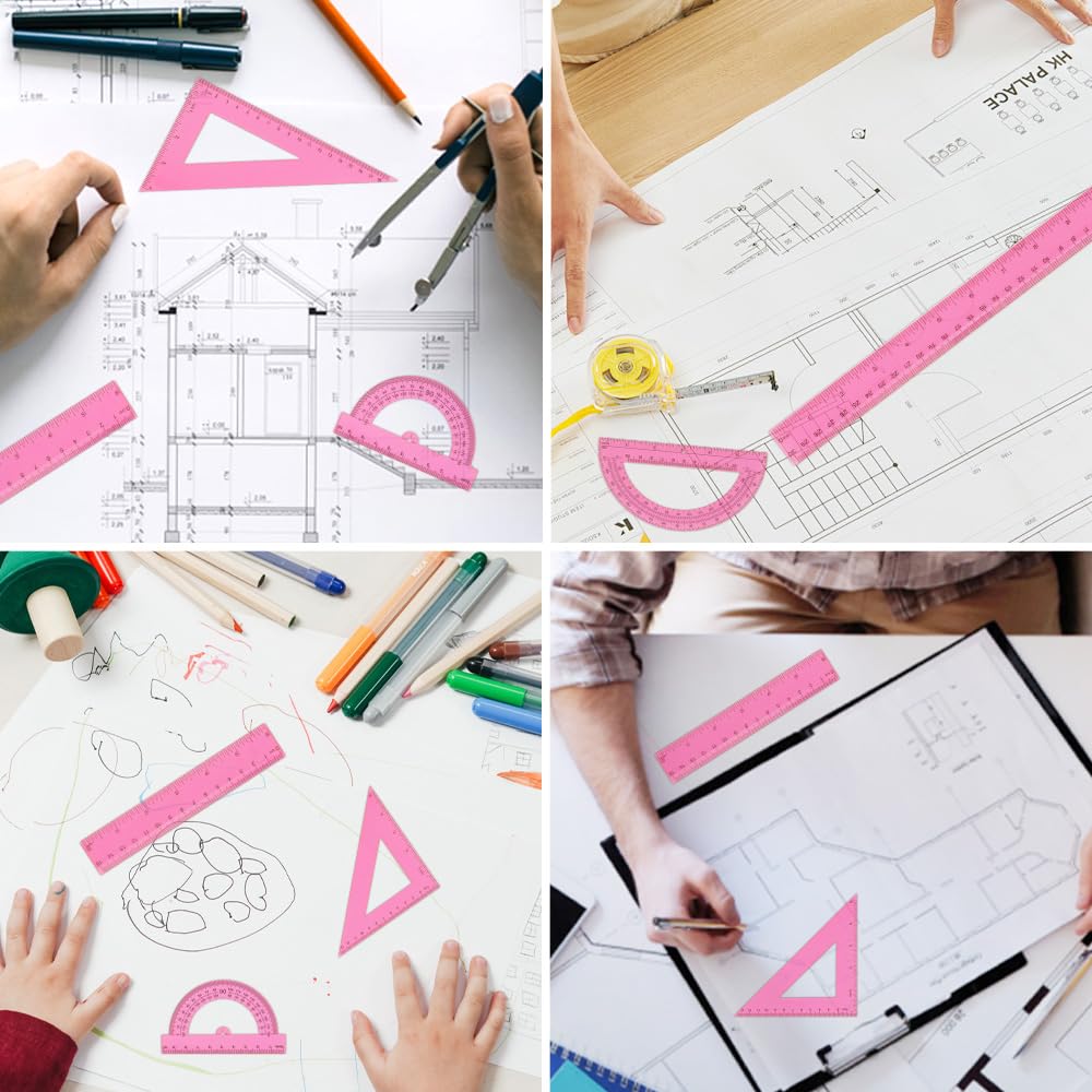 Set di righelli in plastica trasparente, 15,2 cm, goniometro dritto da 30,5 cm, 2 goniometri da 180 gradi, 2 righelli triangolari 45, 60 gradi, 2 righelli dritti, strumento di misurazione per scuola