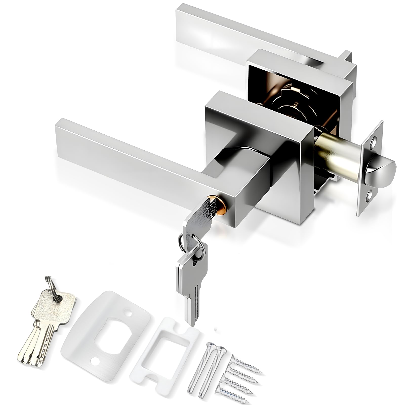 Gevvnss Door Lever Handle Lock,Interior Door Handle with Lock and Key,Entry Door Handle for Bedroom Office Left or Right Handing(Silver)