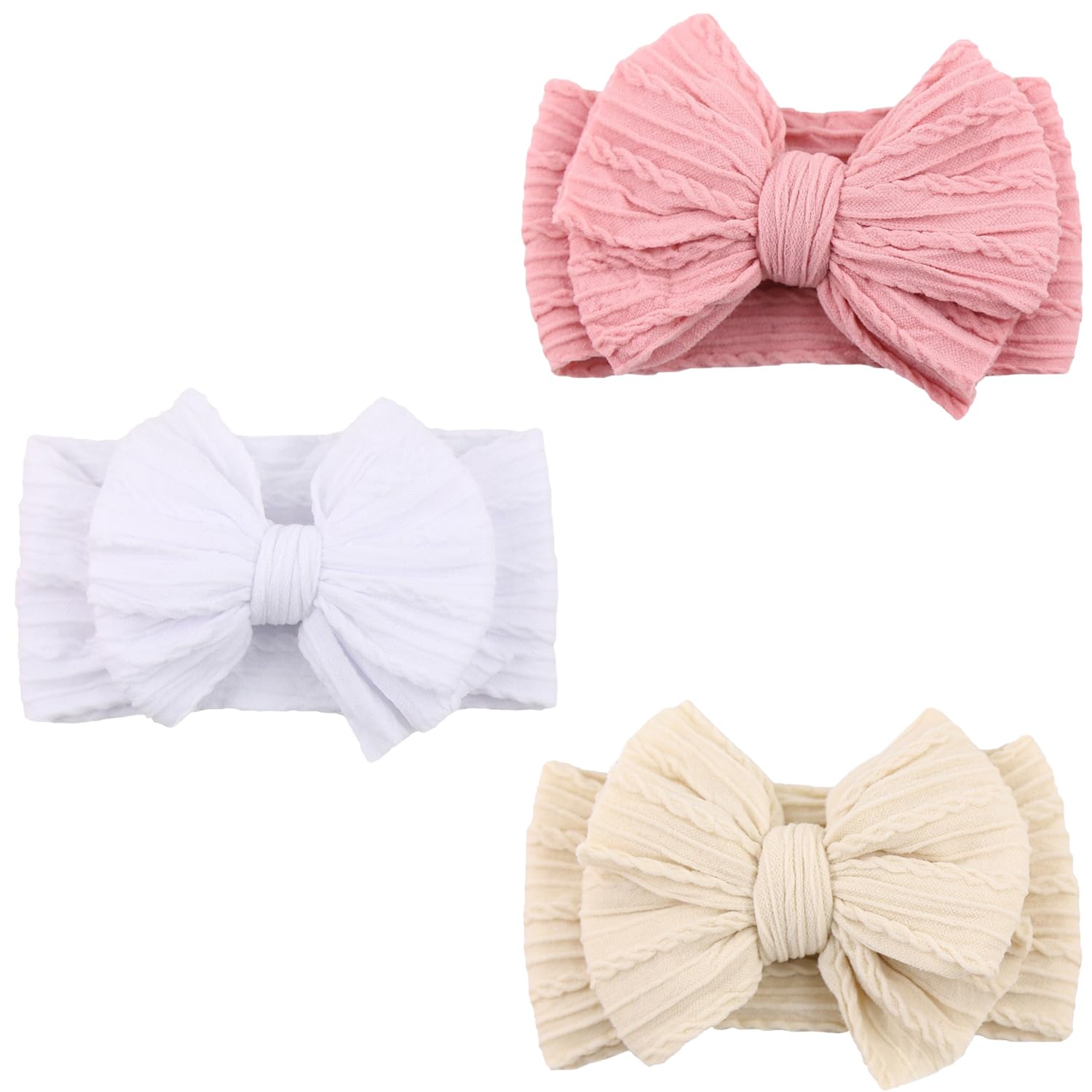 3 Pcs Baby Headband, Soft Baby Bows Headbands for Girls Newborn Hair Accessories (Dark Pink, White, Beige)