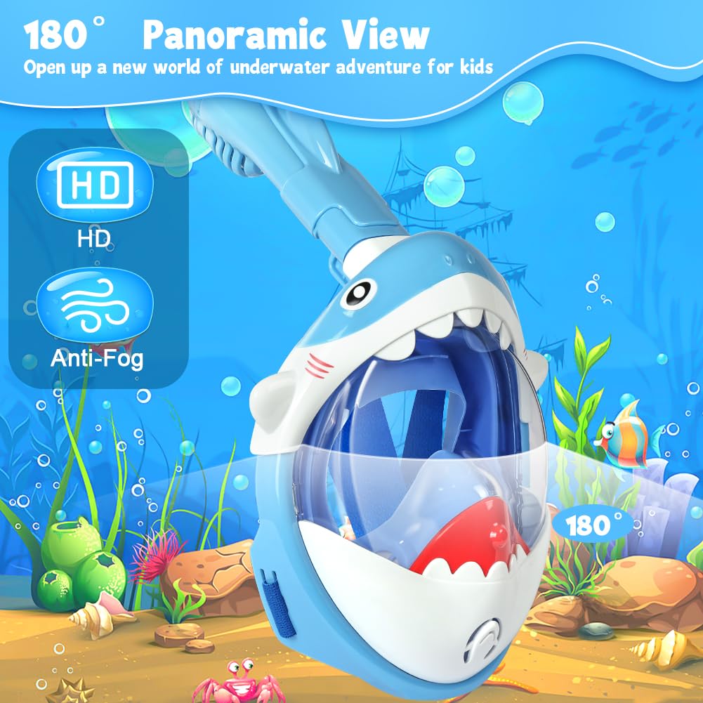 Maschera da Snorkeling per Bambini, 180° HD Anti-Appannamento e Anti-Perdita Maschera Integrale per Bambini, Snorkel Dry con Valvole Sicurezza, Dai 10 Annii