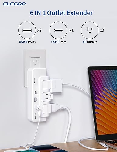 Miniatura 2 de ELEGRP Extensor de salida con 3 salidas giratorias protectoras contra sobretensiones, adaptador de enchufe múltiple con 3 puertos USB, regleta de