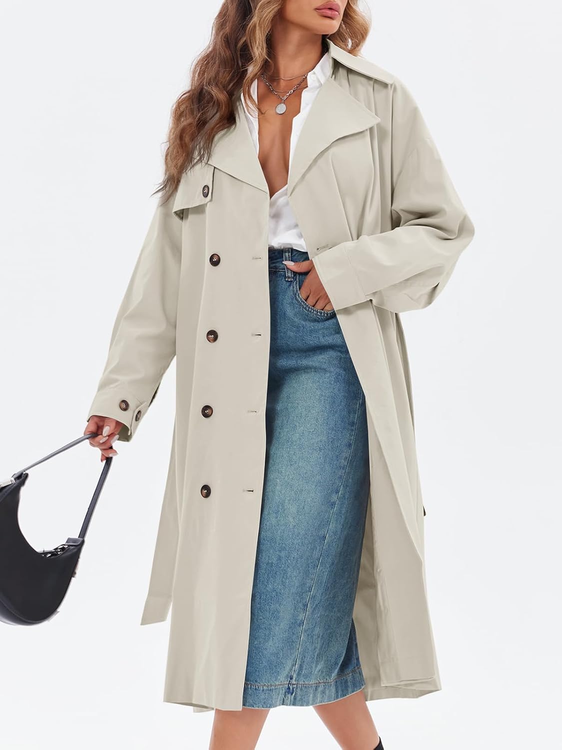 Tankaneo Womens Double Breasted Long Trench Coat Oversized Classic Lapel Belted Overcoat - Image 4