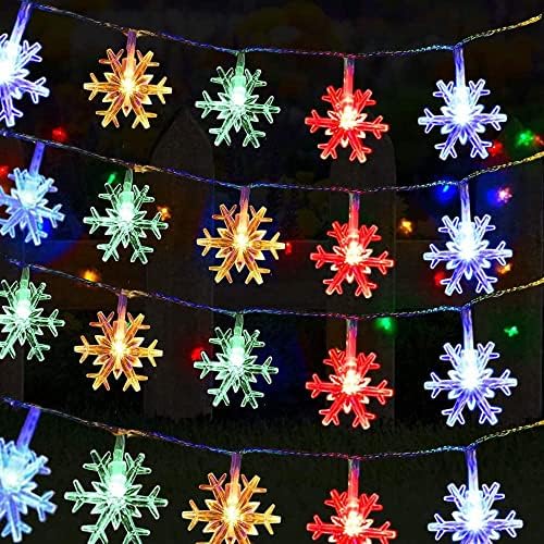 Luci di Natale, BANNILU 6M 40 LED Catena Luminosa Fiocco di Neve a Batteria Luci Stringa Natalizie Decorazione per Natale, casa, giardino, camera da letto, interni ed esterni (Arcobaleno)