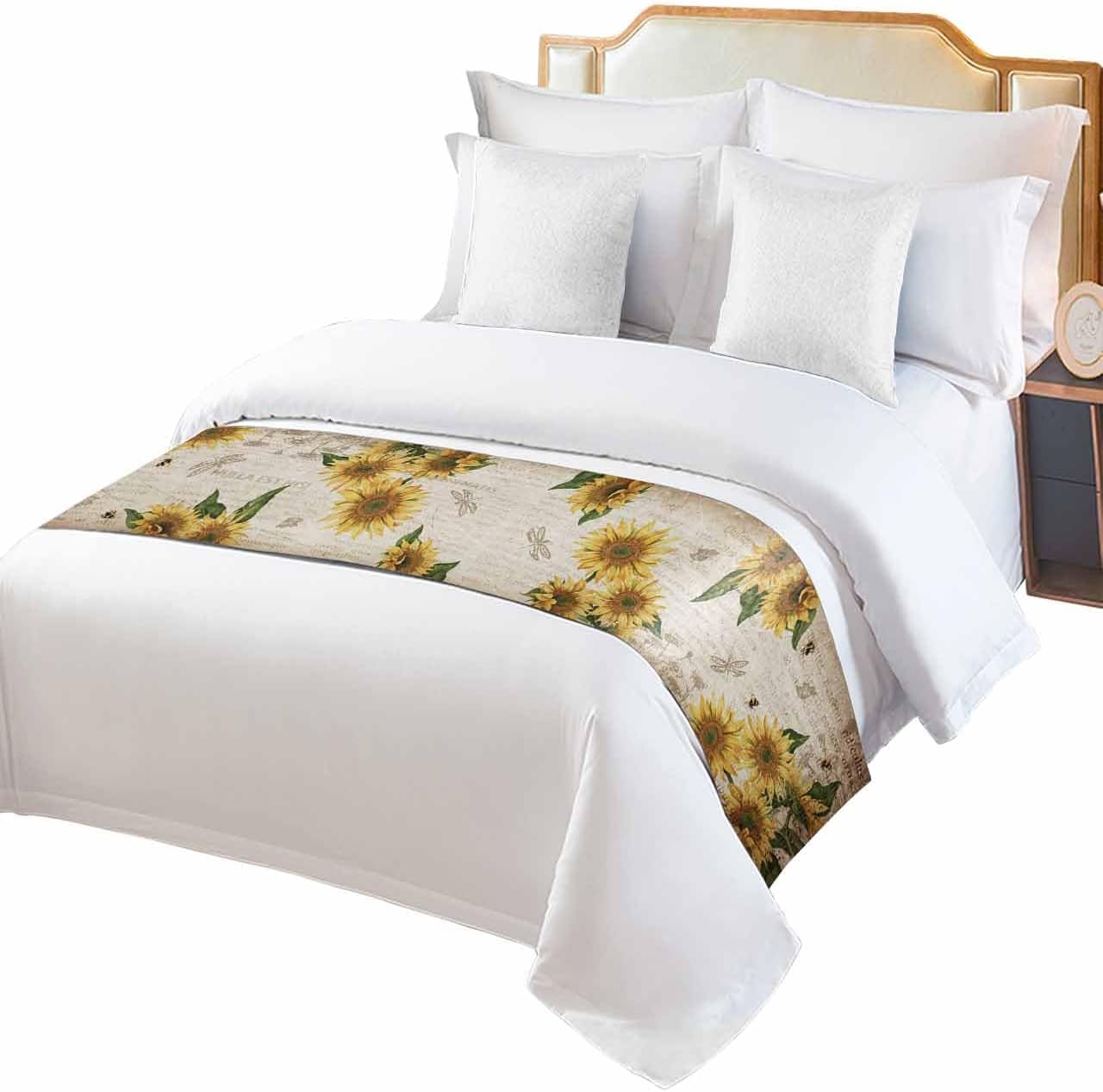 Chucoco Bed Runner Scarf Farmhouse Sunflowers,Bedding Scarves for Food of Bed King Size Luxury Bed Scarf, Rural Floral Dragonfly Home Bedroom Hotel Wedding Decorations 102"x20" Old Newspaper
