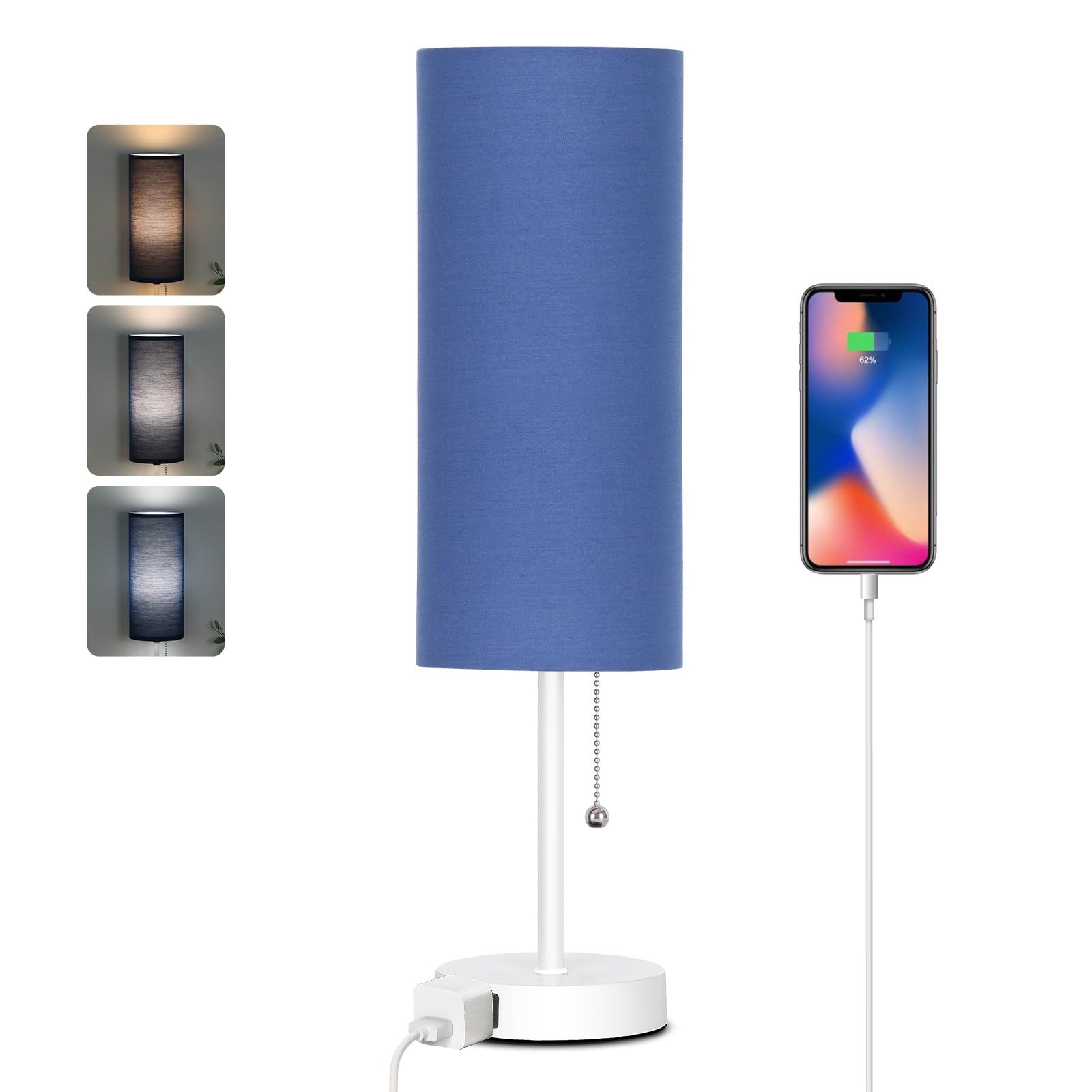 Dott Arts 18" Table Lamp for Bedroom, 3-Color Bedside Lamps with Pull Chain, Bedroom Table Lamps for Nightstand,AC Outlet Small Lamp for Living Room, Bulb Included Blue