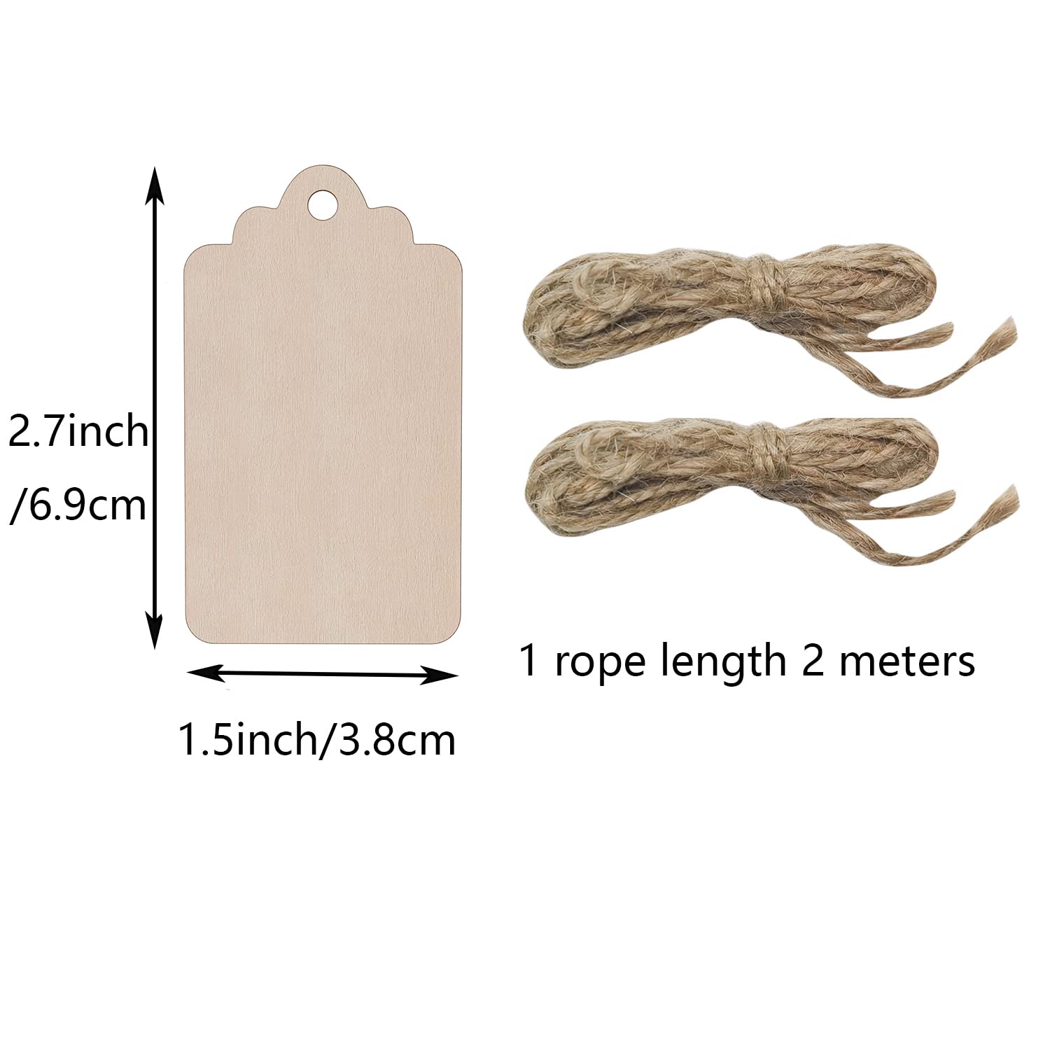 100 etiquetas de madera, etiqueta de madera colgante sin terminar con agujeros y cordel para manualidades, decoraciones colgantes, pinturas (2.7 x 1.5 pulgadas) 2