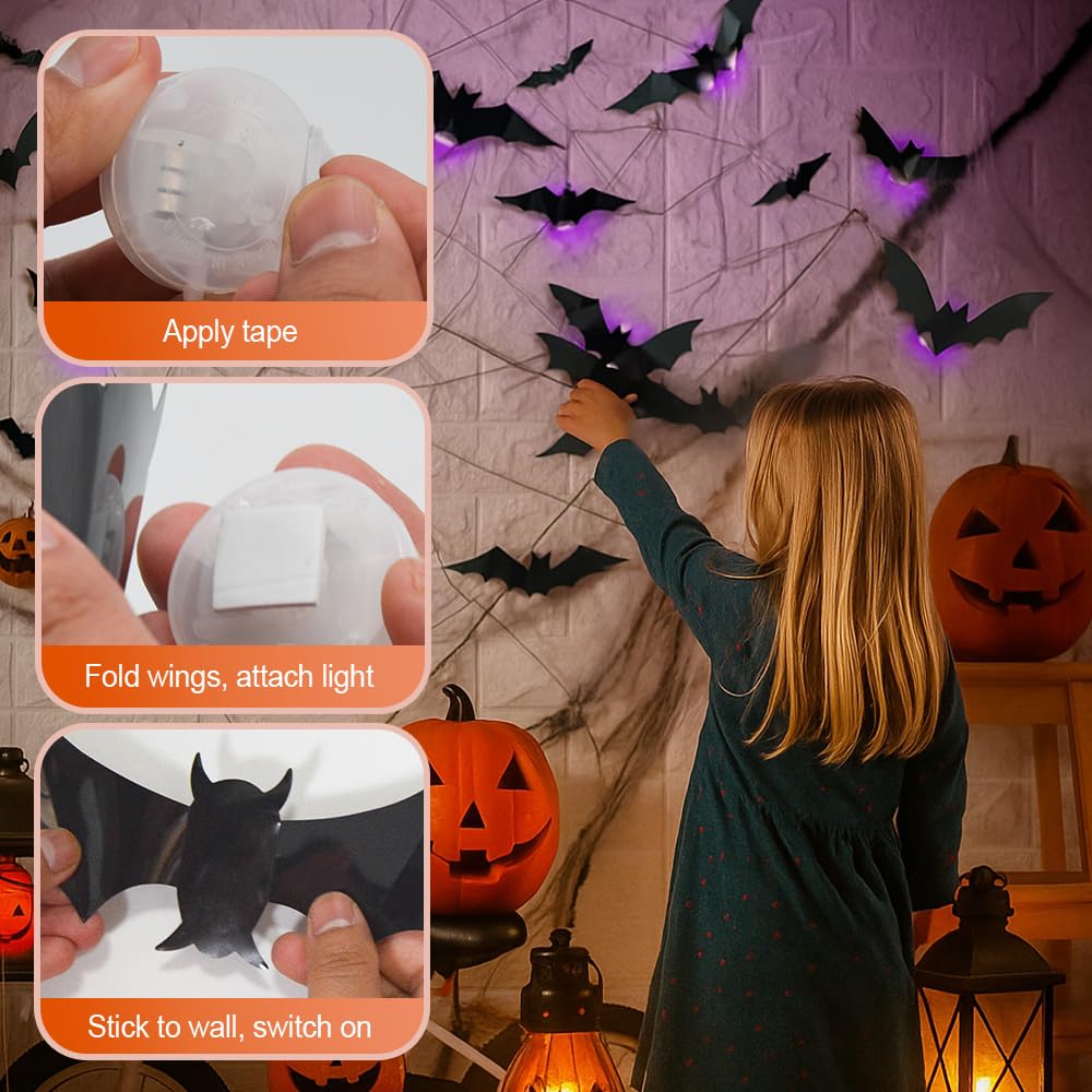 Halloween 3D podświetlane nietoperze, 2025 nowe naklejki 3D LED nietoperze, dekoracje ścienne, różne rozmiary, na imprezę, do sypialni, dekoracji okien, wewnątrz i na zewnątrz (36 szt.)