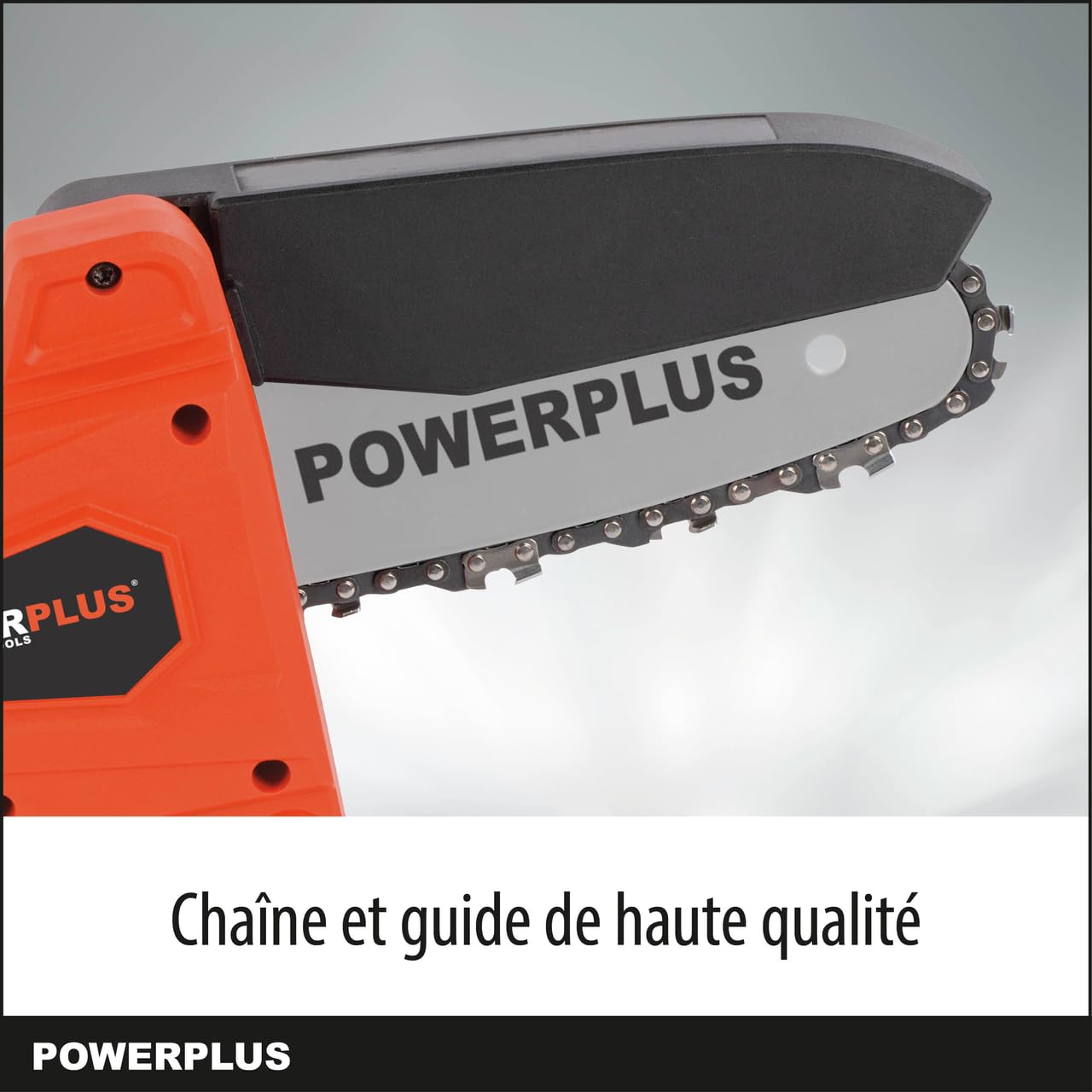 Close-up of the POWERPLUS chainsaw's high-quality 100mm guide bar and 14-tooth chain