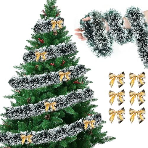 Guirnalda Navidad Verde Blanco, 2M Guirnalda de Navidad, Guirnalda Decorativa Navideños, con Lazos Dorados, pour Puertas y Ventanas del Arbol, Chimenea Decoración (B)