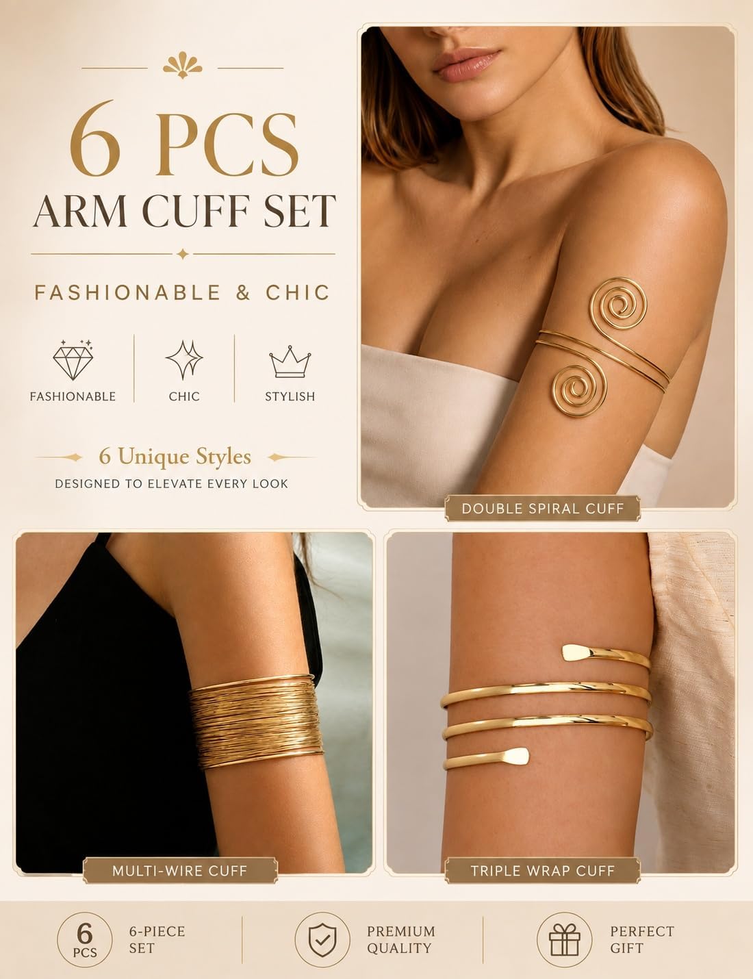 6PCS Gold Arm Cuff Bracelet Set, Adjustable Statement Upper Arm Jewelry
