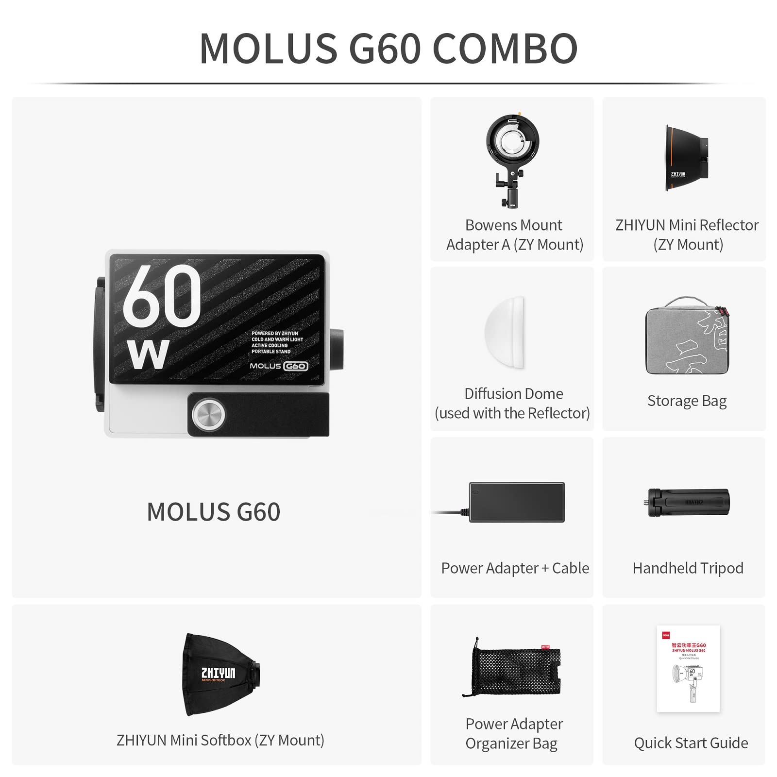 ZHIYUN MOLUS G60 COMBO ポケットコブライト,60W LEDビデオライト11194 Lux リフレクター2700K-6200K CRI？96 TLCI？97フィルムライト付きP Amazon | ZHIYUN MOLUS G60 COMBO ポケットコブライト,60W LEDビデオ