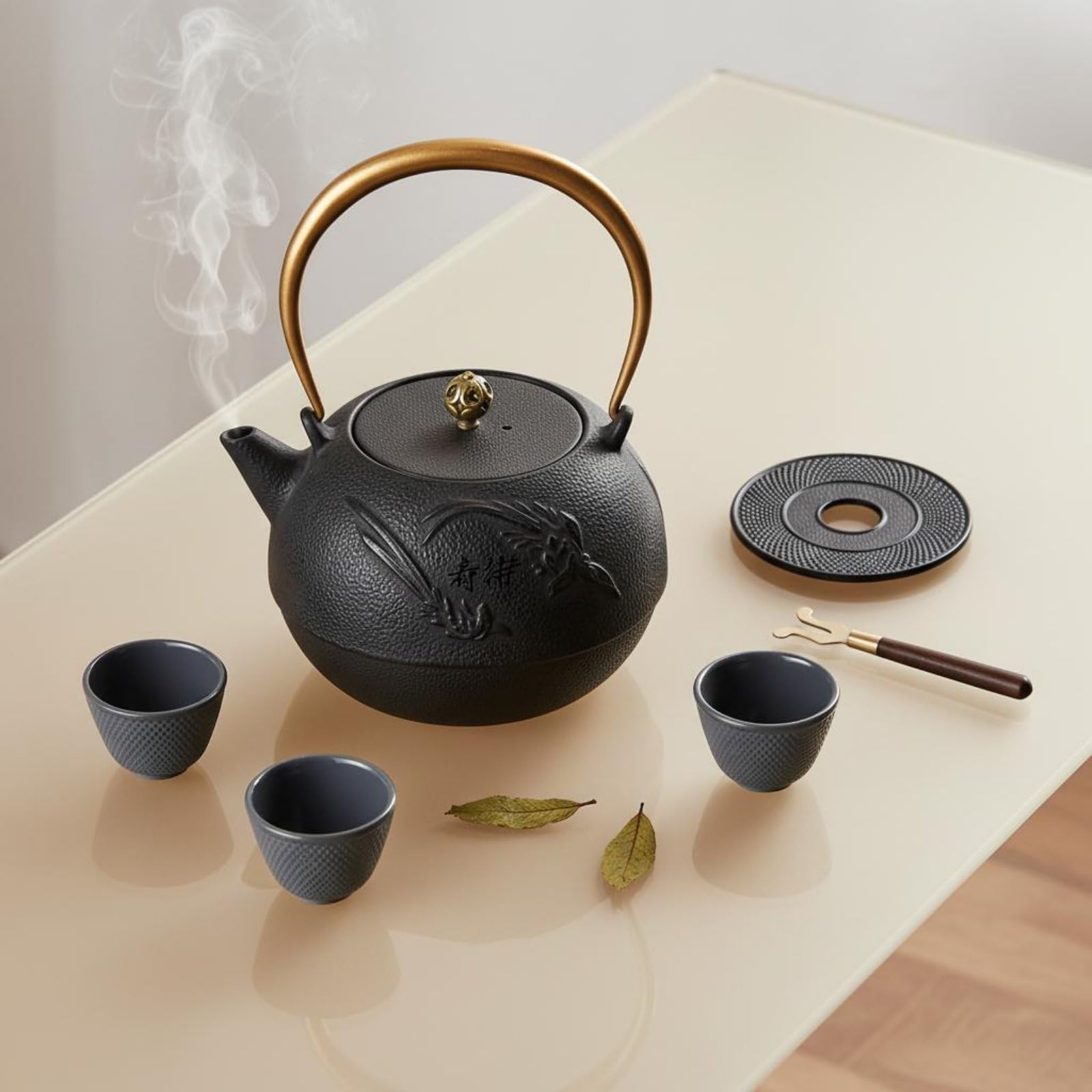 Tetera de Hierro Fundido Tetera Hervidor Caldera Jarra con Calentamiento Uniforme y Conservación de Temperatura Base, Negro, Tetera De Hierro Fundido Con Tapa De Cobre Y Asa