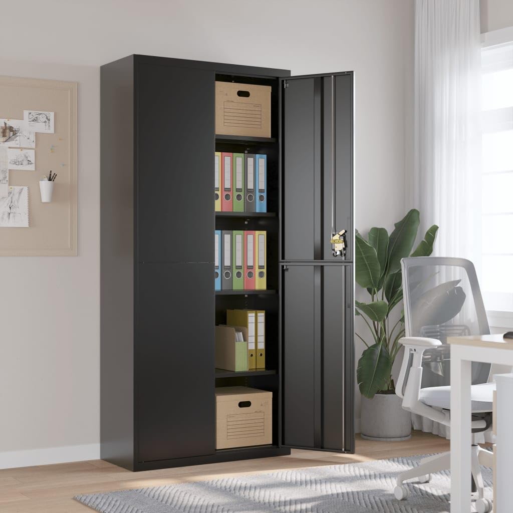 Archivador alto acero negro 90 x 40 x 200 cm con cerradura oficina