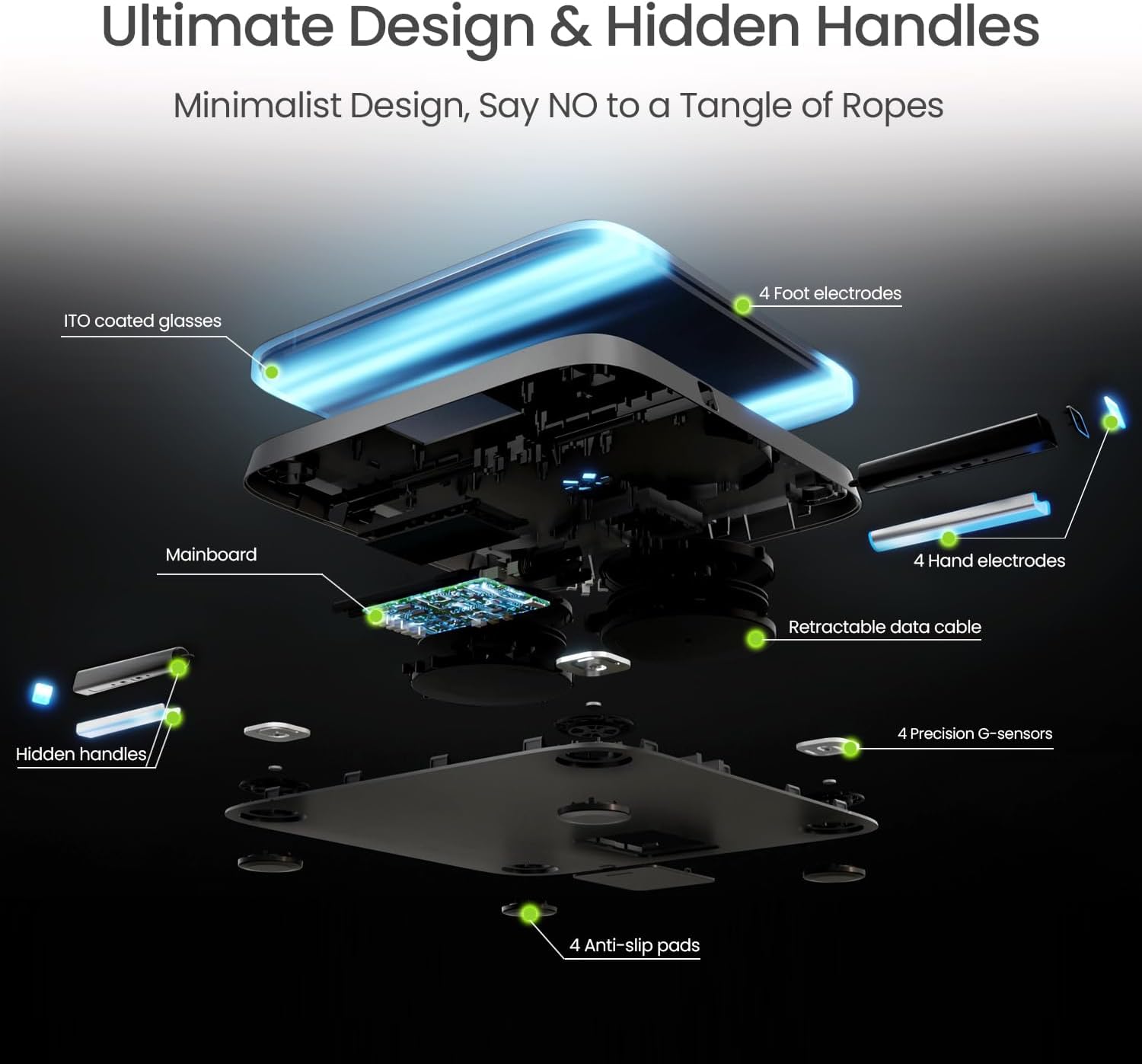 Exploded view diagram of the BodyPedia scale showing internal components and hidden handles