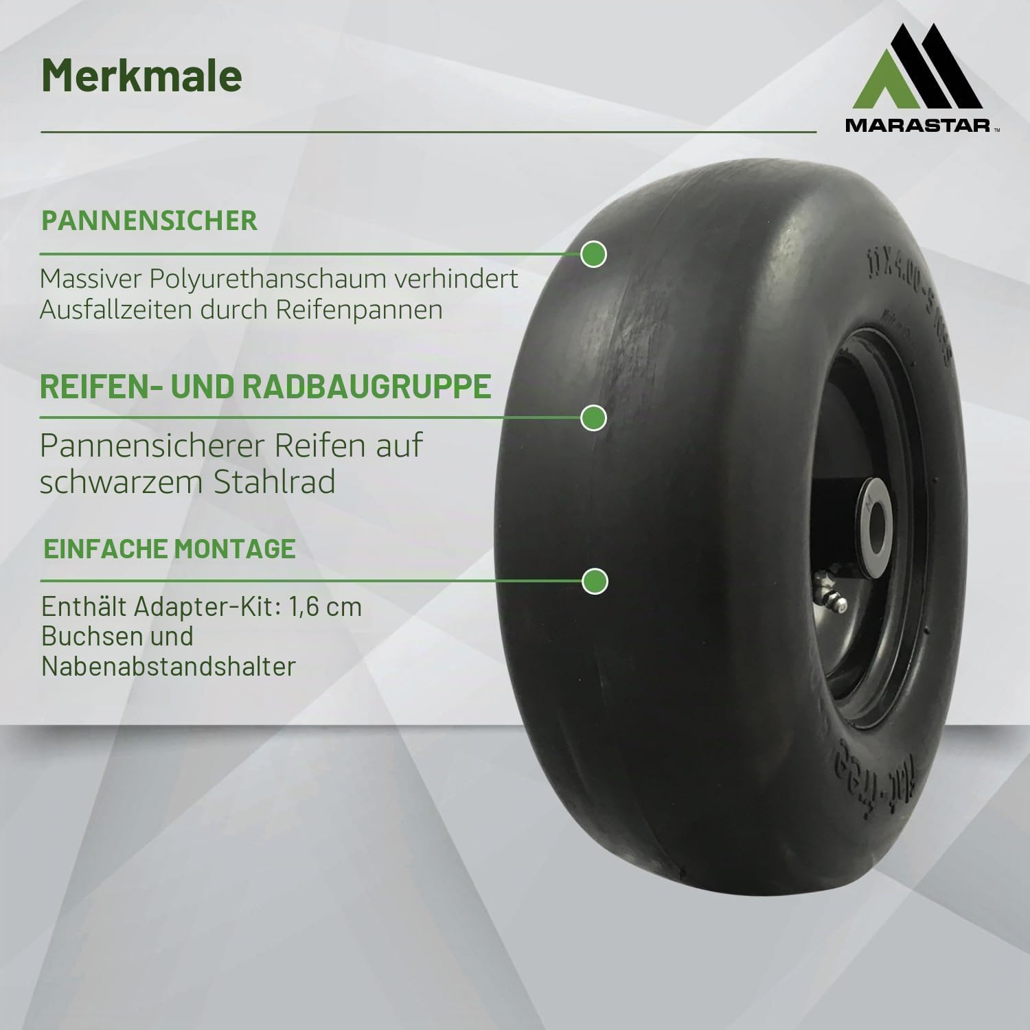 MARASTAR 00232 Universal Fit Flat-Free 11x4.00-5 Reifen und Radmontage, Zero Turn Rasenmäher Ersatzreifen, glatte Lauffläche, Adapter-Kit im Lieferumfang enthalten