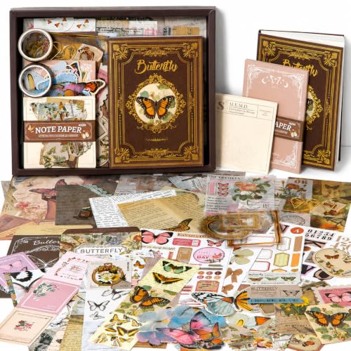 Image of RANDEN Butterfly Journaling Kit, 346PCS Vintage Scrapbook & Stationery Set with Aesthetic Stickers, Ephemera Pack and Journal Supplies for Bullet Journals, Planners, Albums & Creative Crafts (Butterfly)