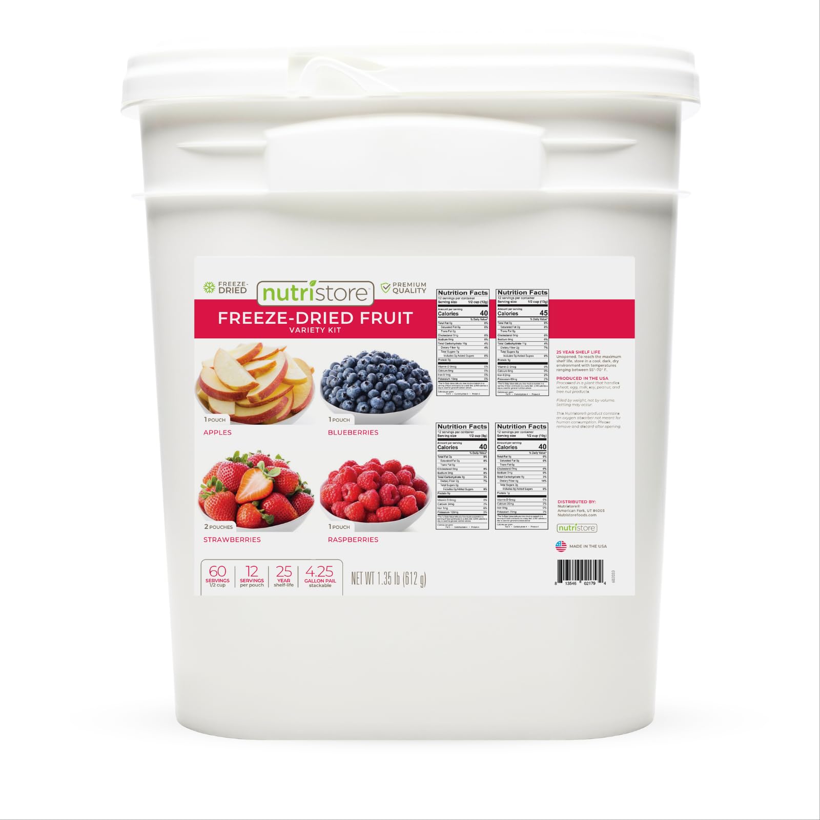 Nutristore Emergency Buckets | Premium Freeze-Dried Ingredients | 25-Year Shelf Life | Made in USA | Emergency Survival Food Supply | 60 Large Servings (Fruit - Single Bucket)