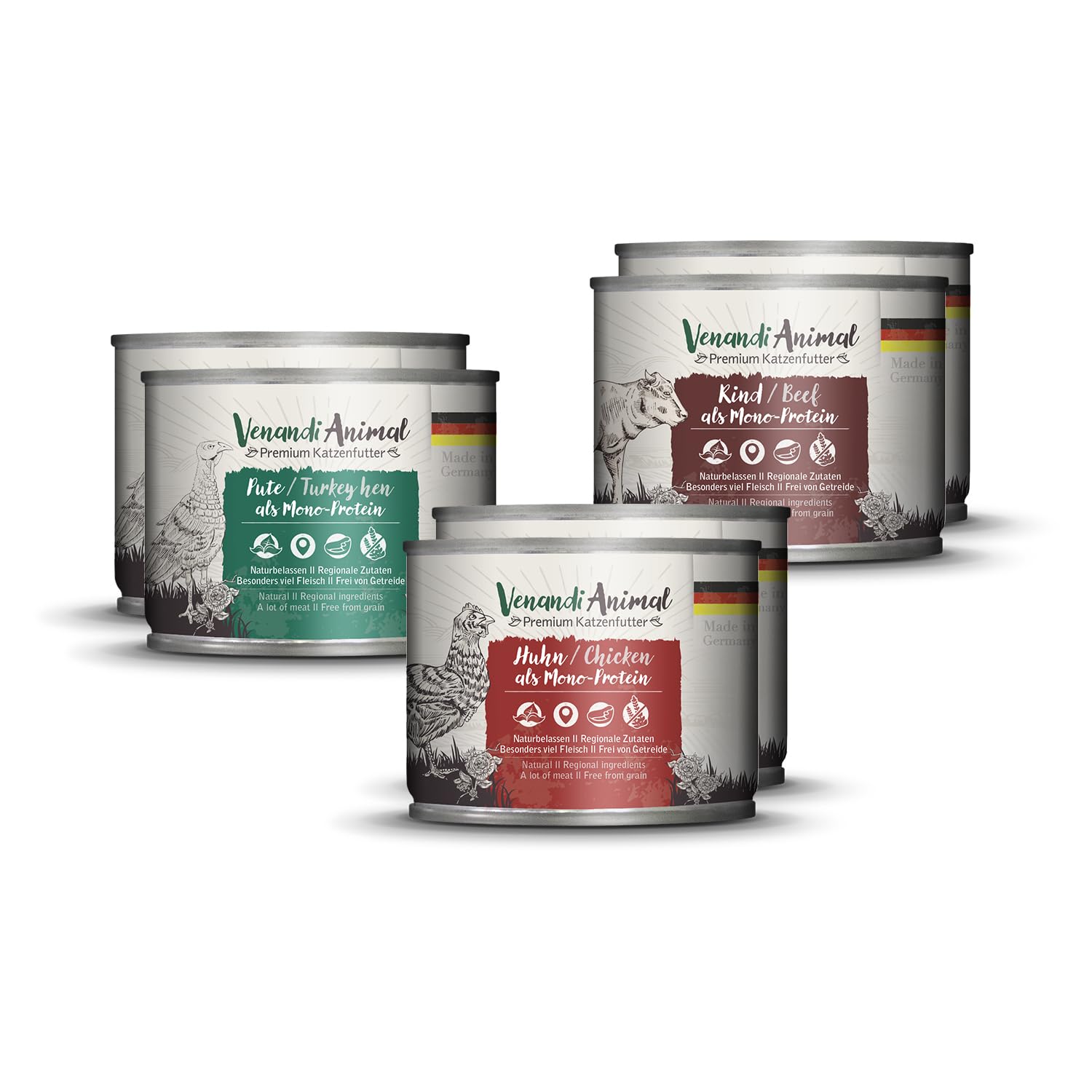 Venandi Animal Premium Wet Cat Food, Tasting Pack I, Chicken, Turkey Hen, Beef, 6 x 200 g (Pack of 6), Grain-Free and Natural