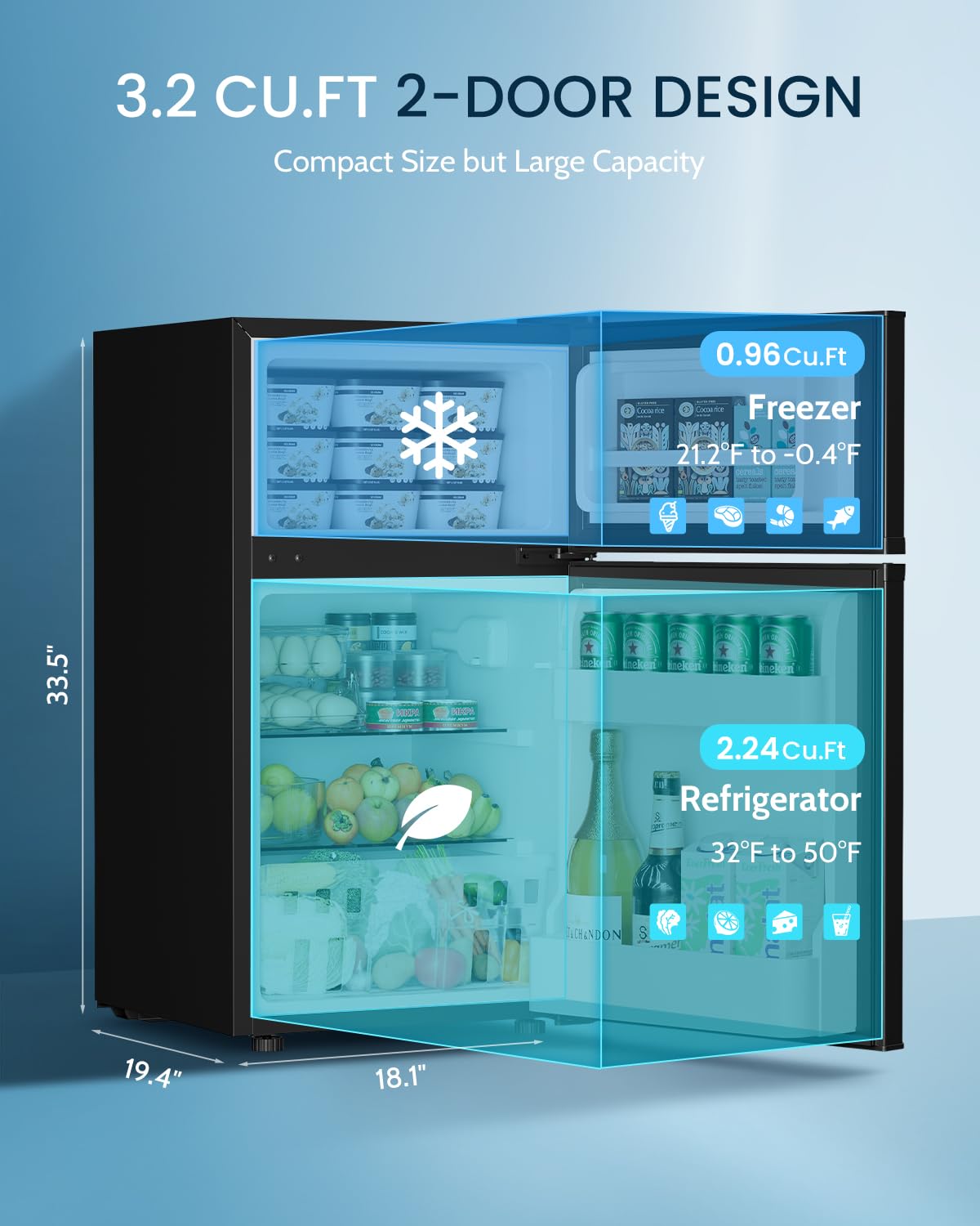 Feelfunn 3.2 Cu.Ft Mini Fridge with Freezer - 2 Door Small Refrigerator, Mini Refrigerator with Adjustable Thermostat, Removable Shelves, Mini Fridge for Bedroom, Office, Dorm, Apartment, Black on Fridge.com