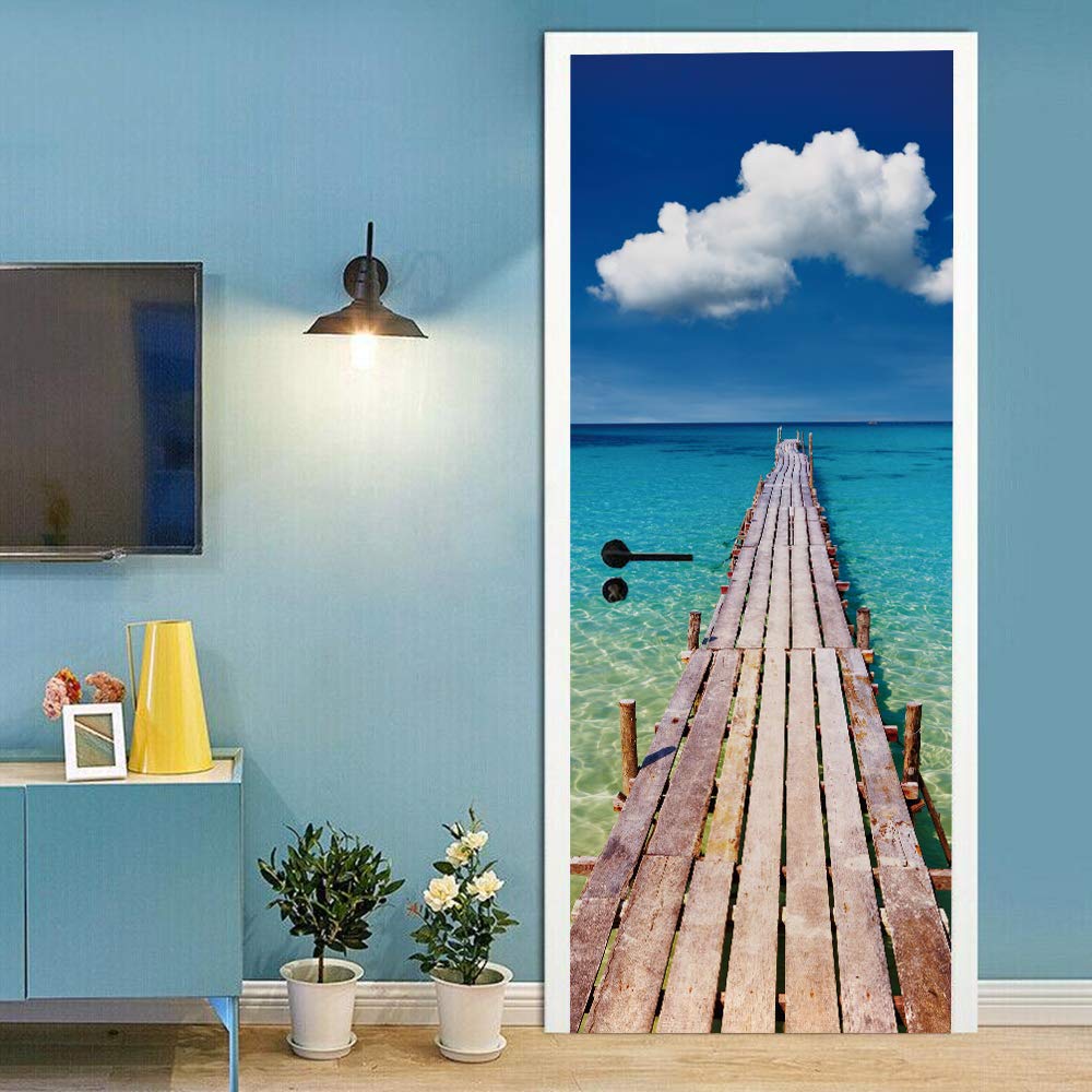 Sticker de porte pour agrandir une petite pièce trompe l'oeil mer azur