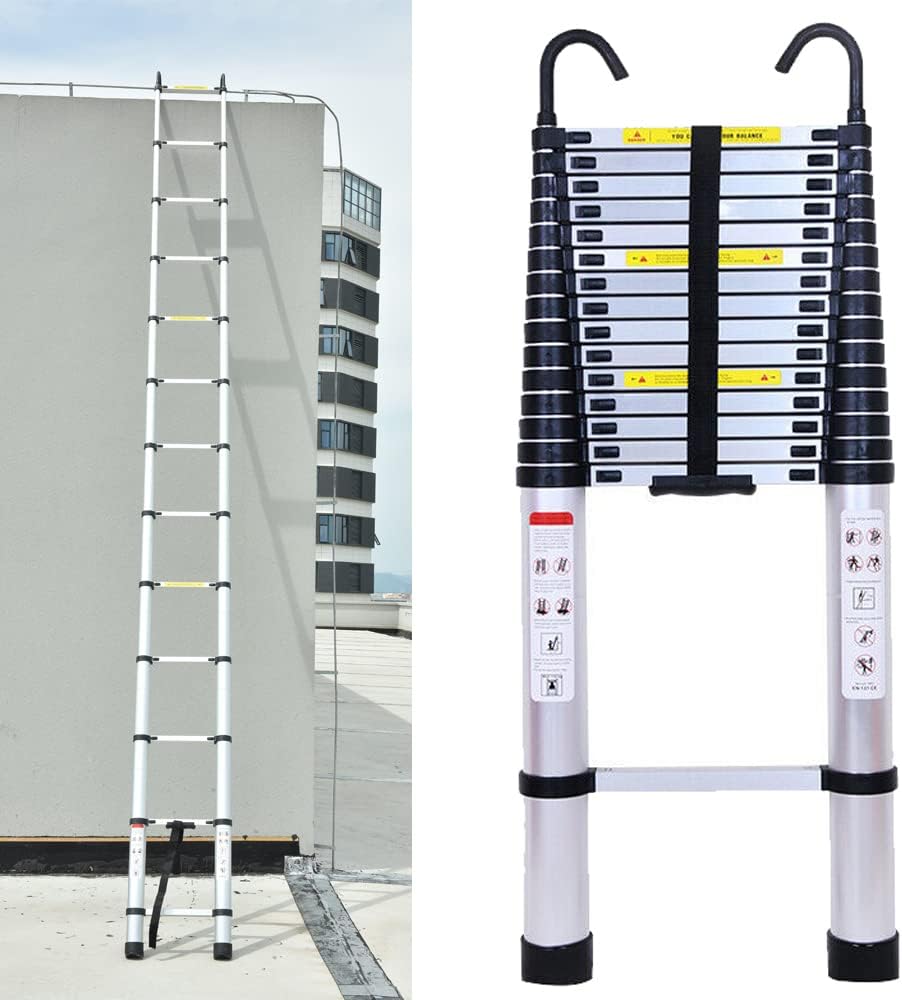 Telescoping Extension Ladder, 14.5FT Extendable Ladder Telescopic Extension Ladder Stable & Robust, Aluminum Telescoping Ladder w/Hooks & Locking Mechanism, Multi Purpose Compact L