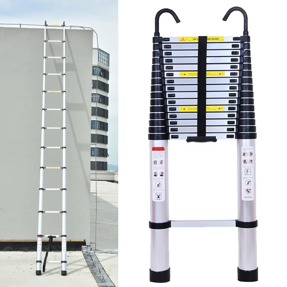 Teleskopleiter Klappleiter 6,2m, Sprossenleiter Aluminium, Schiebeleiter rutschfest Verlängerungs Leiter für Wohnmobil/Dachboden/Büro/Warenhaus, Leicht zu Tragen, EN131, 150kg Tragkraft, Silber