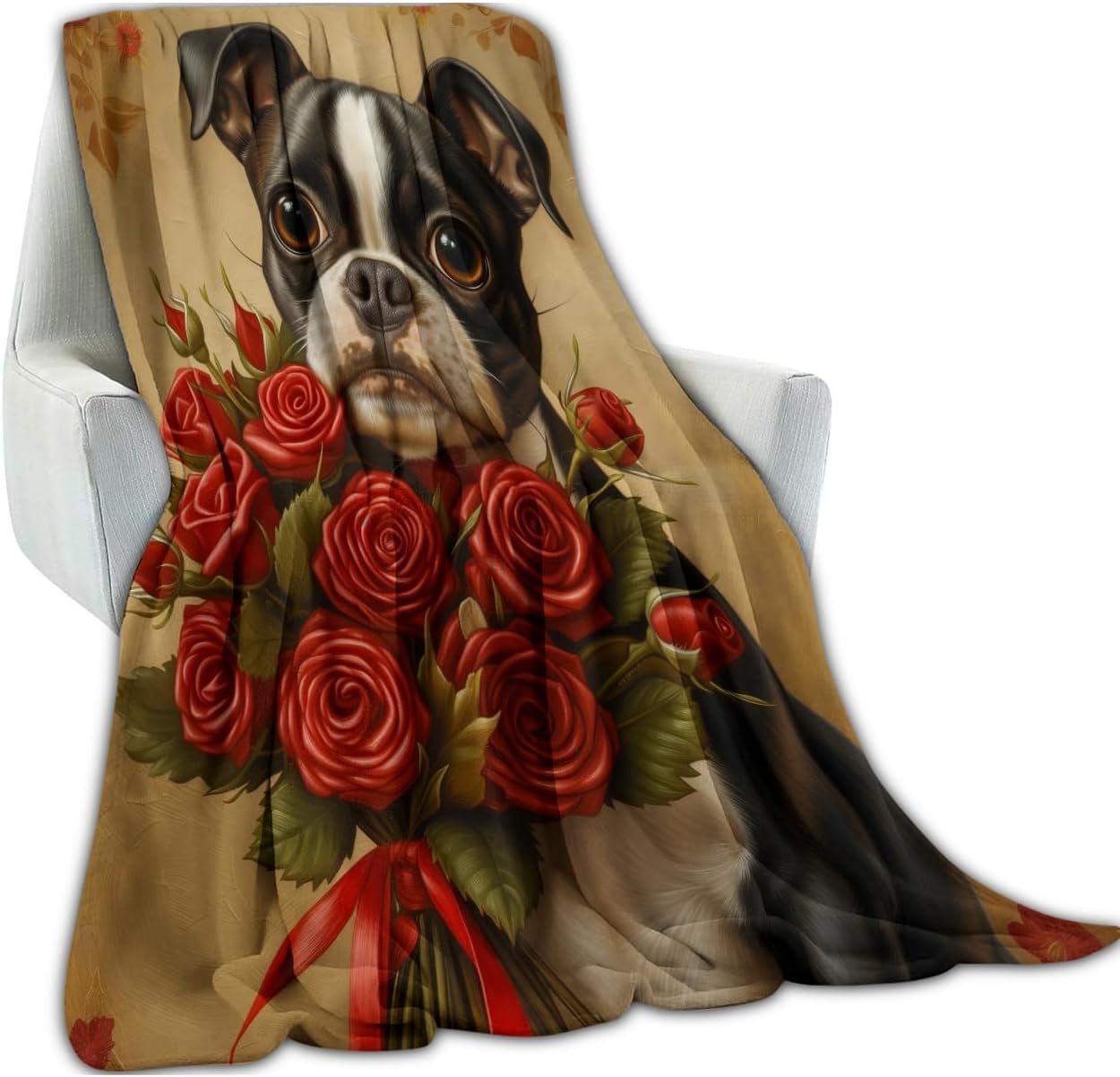 Cute Boston Terrier with Roses Plush Fleece Throw Blanket - Soft, Cozy, Warm, Lightweight Flannel Blankets for Couch, Bed, Outdoor Use & Travel 60x50 inch - Image 2