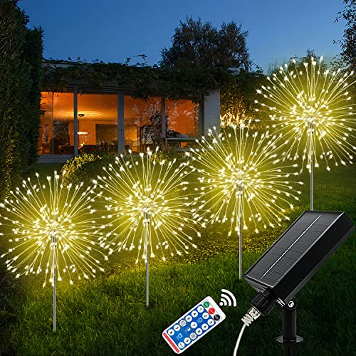 Lampe Solaire Exterieur Jardin, 4Pièces 120 LED Feu d'Artifice Fil de Cuivre IP65 Étanche 8 Modes Lumières Solaires Décor pour Jardin Patio Pelouse Parterre de Fleurs Fête, Blanc Chaud
