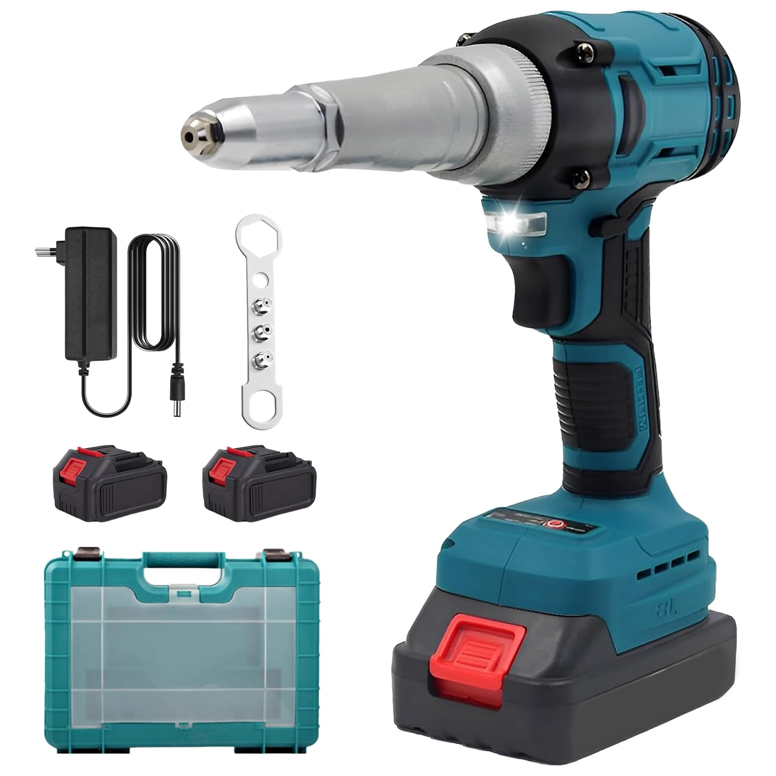 Remachadora Batería 21V, Remachadora Eléctrica Automática Brushless 20.000N con 2 Baterías 1300mAh para Remaches 2,4-5,0mm, para Reparación de Automóviles y Bricolaje