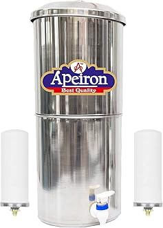 Apeiron Stainless Steel Non-Electric Water Filter with 2 Ceramic Candle with Brass Knob 21 Liter Capacity