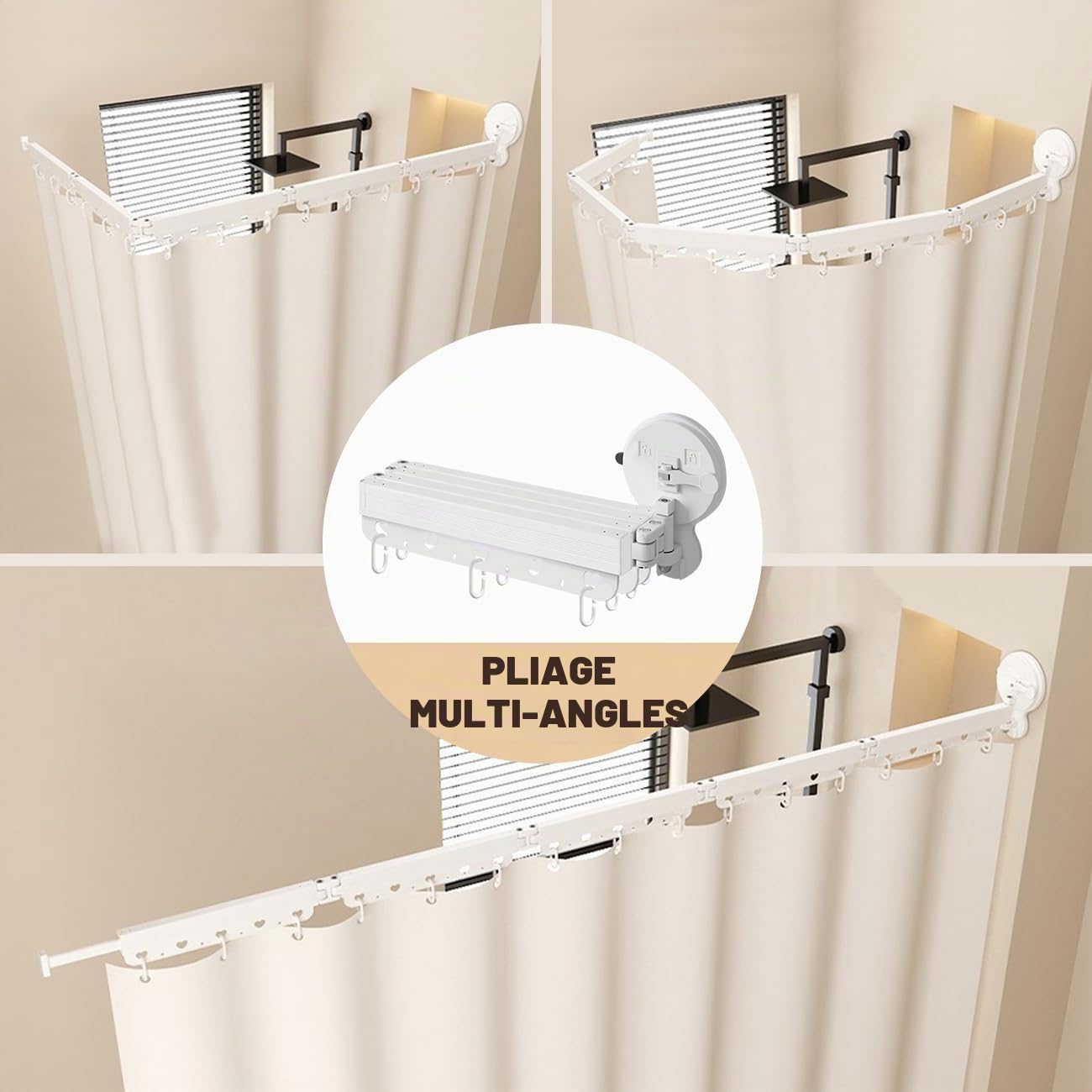 Tringle à rideau de douche pliable à fixation murale, sans perforation, ventouses à 360°, pour salle de bain, baignoire, étagère à linge rétractable à 4 volets, 137,2 cm