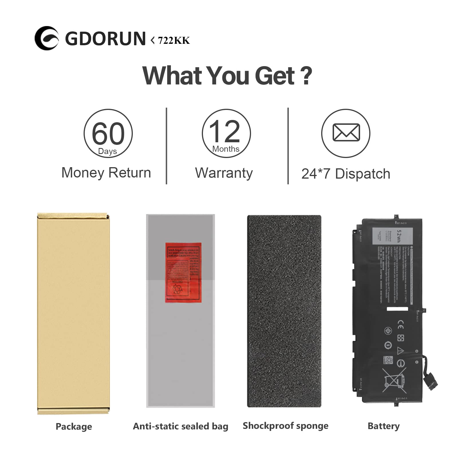 GDORUN 52Wh 722KK Laptop Batteria per Dell XPS 13 9300 9310 9380(2020 Edition) P117G P117G002 P117G001 0WN0N0 WN0N0 02XXFW 2XXFW FP86V 2ICP4/60/80-2 7.6V 6800mAh 4-Cell Notebook Battery Replacement