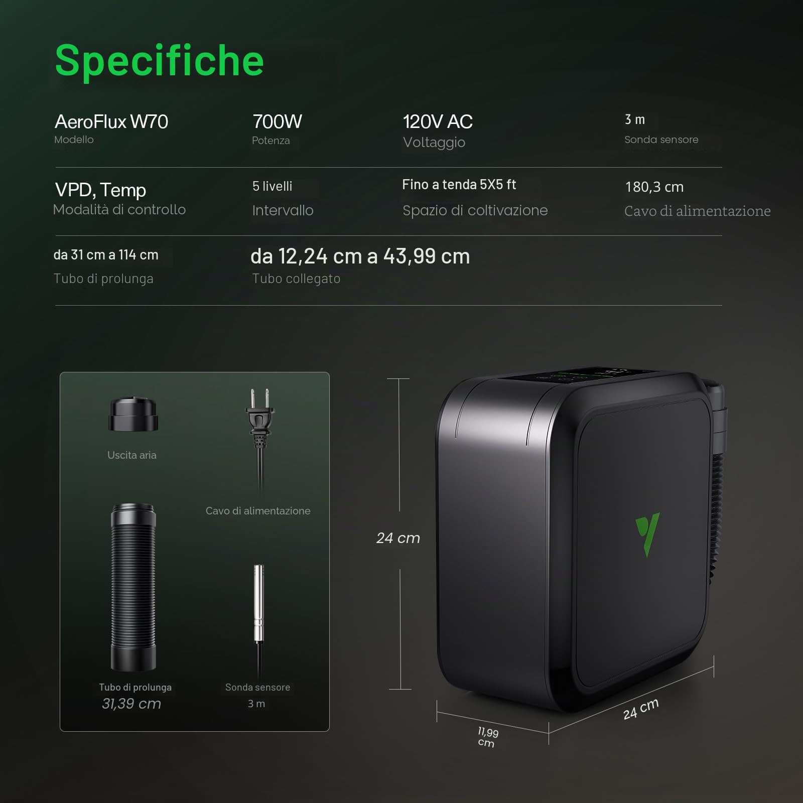 VIVOSUN AeroFlux Riscaldatore per Tende da Coltivazione Intelligenti 700 W, Riscaldamento PTC con Termostato, Monitoraggio VPD, Controllo app, Protezione Contro il Surriscaldamento e Tubo di prolunga