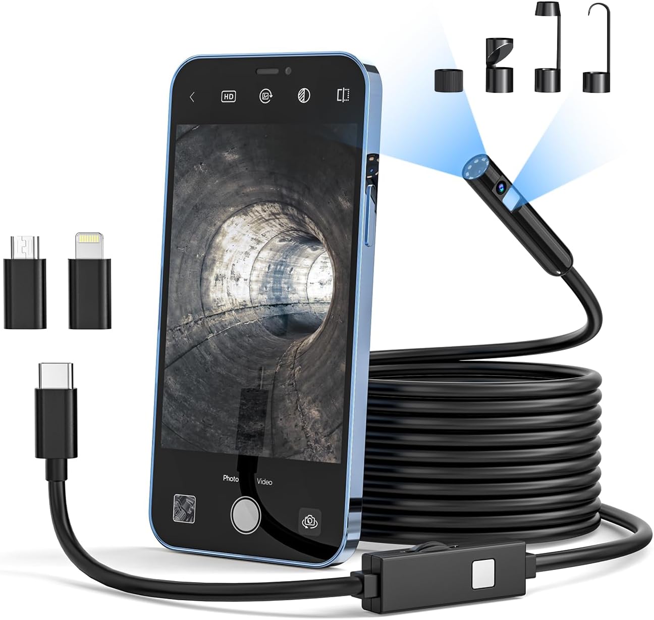 Dual Lens Endoscope Inspection Camera, Qimic Endoscope Borescope Camera with 8+1 LED Lights, 16.4FT Semi-Rigid SnakeCamera with 7.9mm IP67 Waterproof Probe for Android, iPhone(Black, No WiFi Needed)