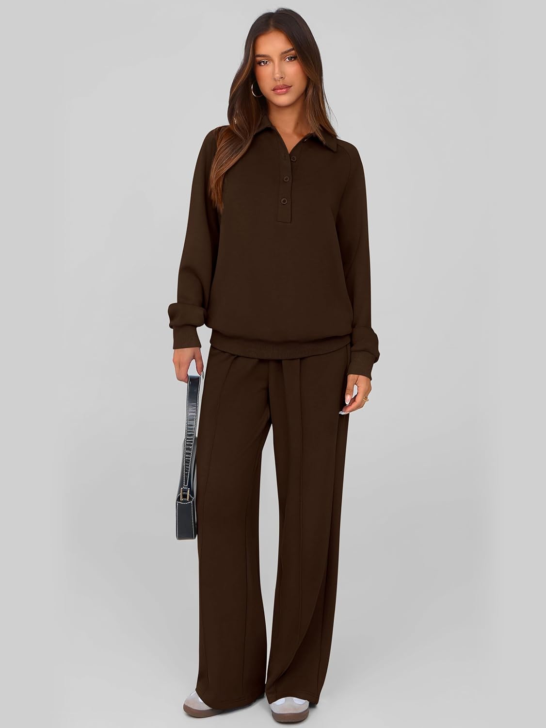 PRETTYGARDEN Women Fall 2 Piece Outfits Sweatsuits Quarter Button Long Sleeve Sweatshirt Wide Leg Pants Tracksuit Lounge Sets - Image 2